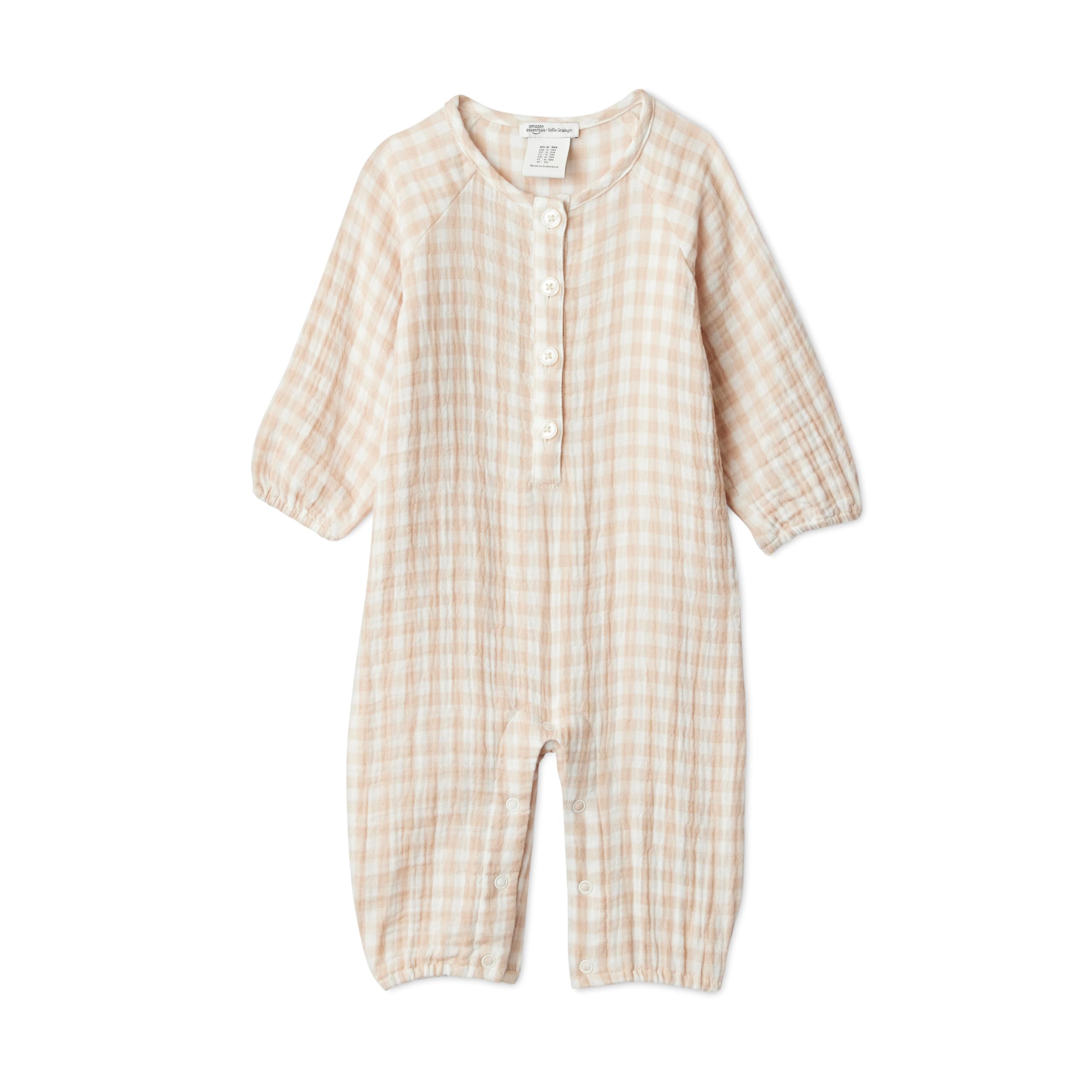 Amazon Essentials x Sofia Grainge Unisex Babies' Cotton Gauze Long-Sleeve Romper Suit, Mushroom Brown Gingham, Premature