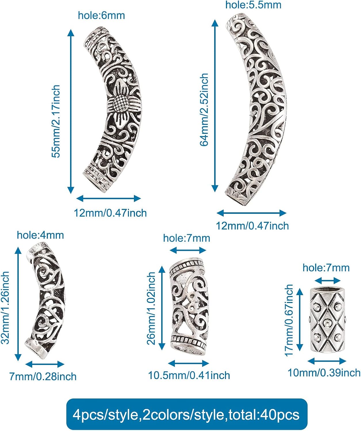 Craftdady 40pcs Tibetan Antique Tube Beads Filigree Vintage Alloy Long Curved Noodle Spacer Beads for Multi-Strand Bracelet Necklace Jewelry Craft Making