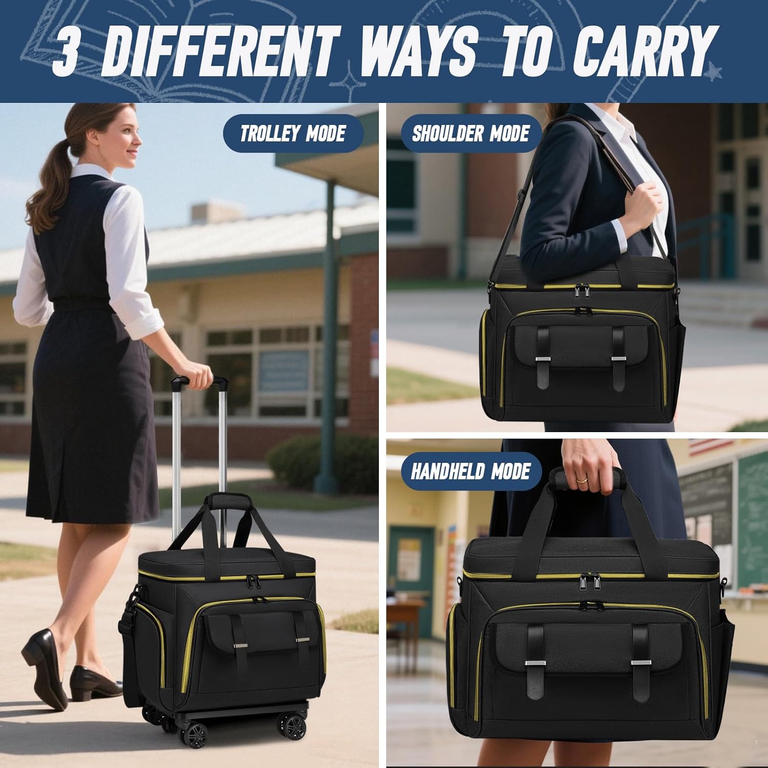 RUCYEN Rolling Teacher Tote Bag for Women Men,Large Laptop Bag With Detachable Wheels Trolley,15.6 Inch Laptop Wheeled Teacher Bag for Work Office Nursing(With a Tote Bag)