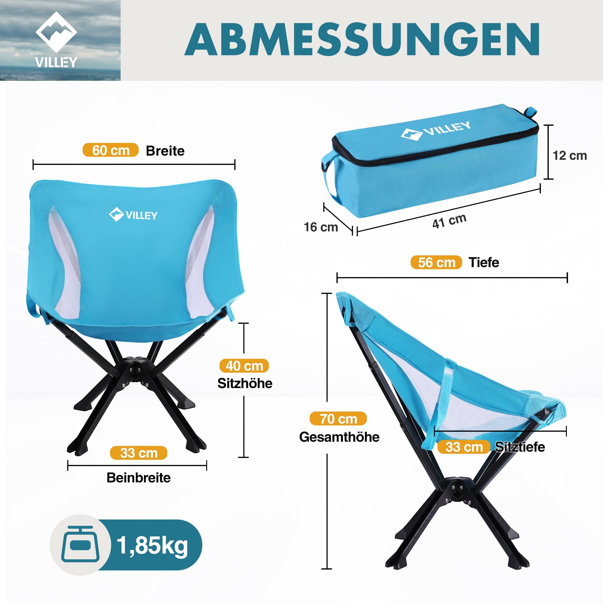 VILLEY Campingstuhl Faltbar und Tragbar Blau, Faltstuhl Camping mit Aluminiumrahmen und Belastbarem & Atmungsaktiverem Stoff, 150kg Tragfähigkeit Campingstuhl mit Tasche für Outdoor, Angeln | Keine Montage erforderlich, in Sekunden einsatzbereit, 150 kg K
