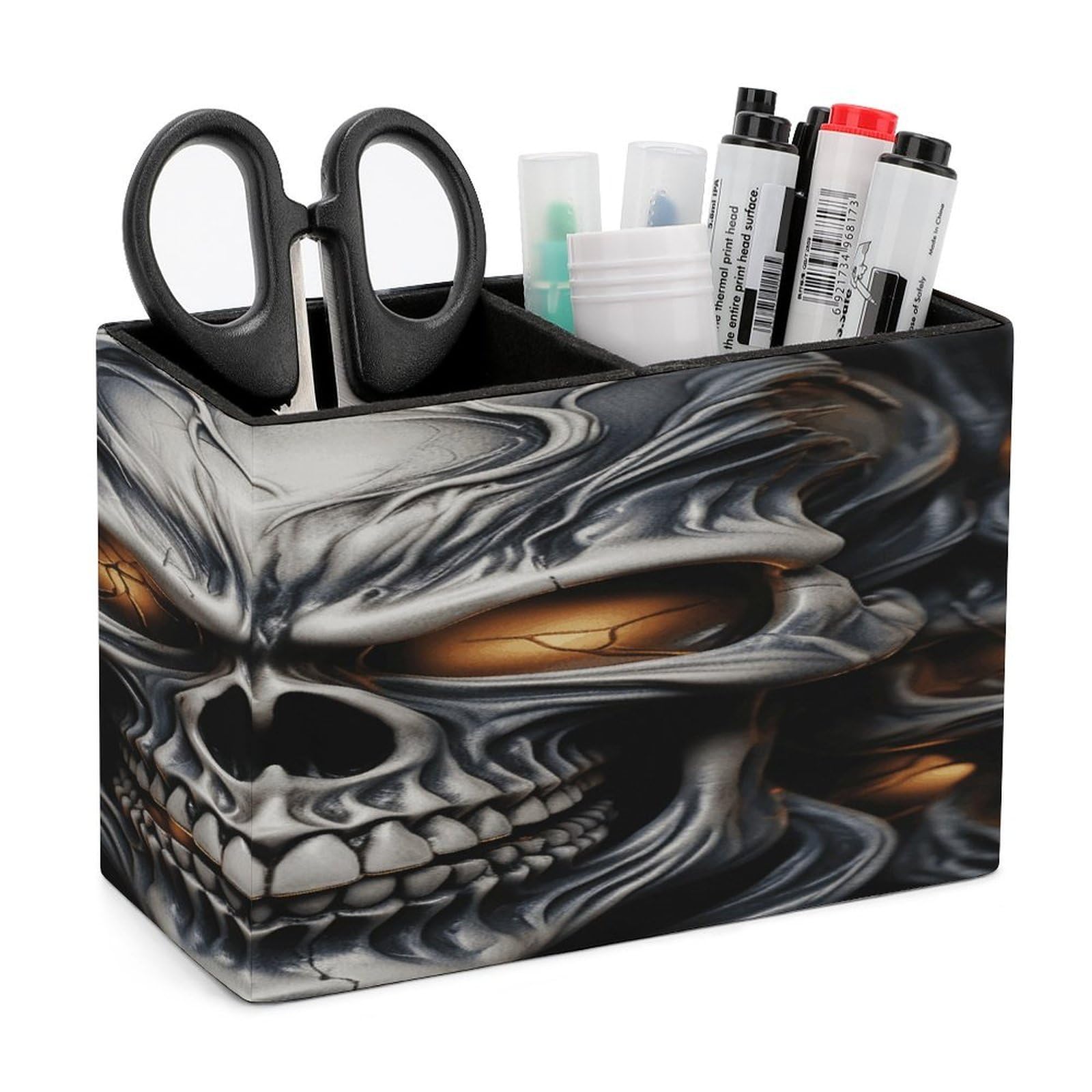 VstaDank Cool Evil Skull Pencil Holder for Desk Organizer 2 Compartments Pen Cup Leather Square Pen Holder Pencil Cup Stand Makeup Brush Holders for Desktop Organizer Storage Case