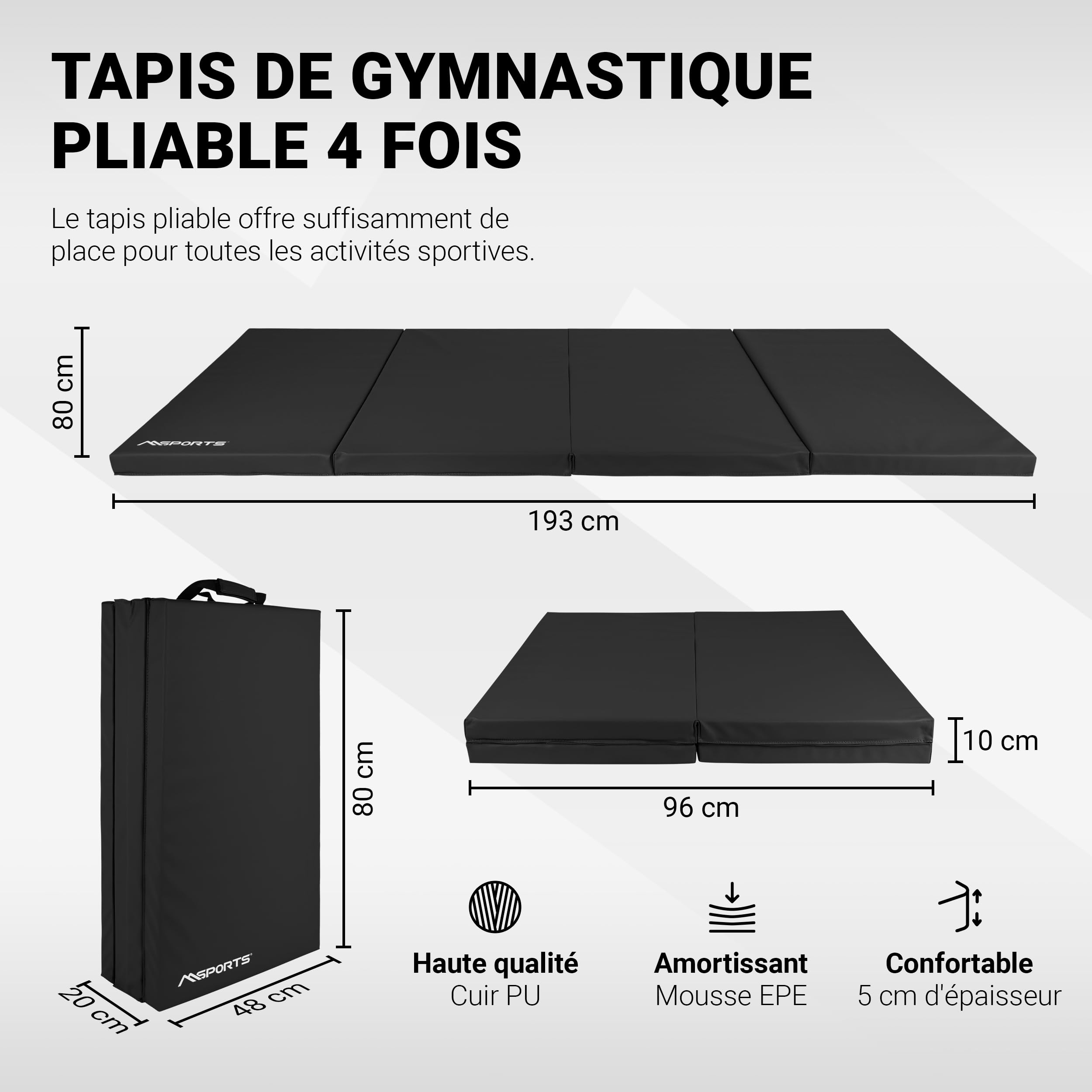 MSPORTS Tapis de gymnastique pliable de qualité supérieure - 190 x 80 x 5 cm - Tapis de gymnastique - Tapis de sport pour la maison, les enfants, les adultes