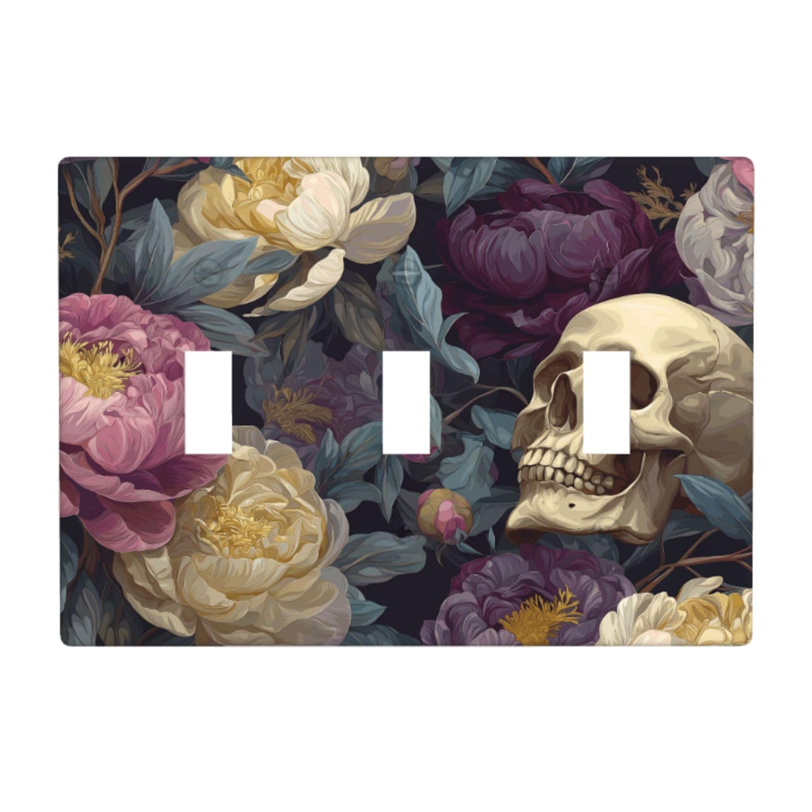 Woshuwo White Skulls And Peonies Gothic Light Switch Covers 3 Gang Triple Toggle Wall Plate Switchplate Electrical Faceplate For Bathroom Kitchen Bedroom Decor
