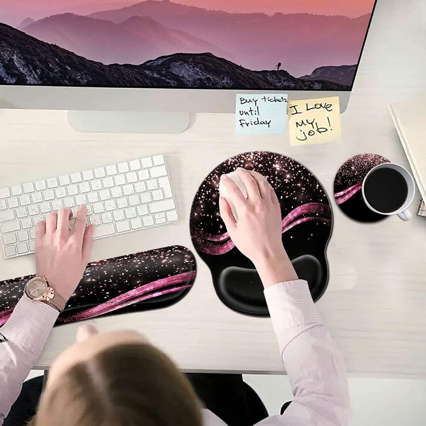 Ergonomic Black Mouse Pads, Non-Slip PU Base Mouse Mat with Gel, Memory Foam Keyboard Wrist Rest Set, for Office, Home, Easy Typing, Wireless Gaming Rose Gold Sparkle Pattern Office Desk Pad