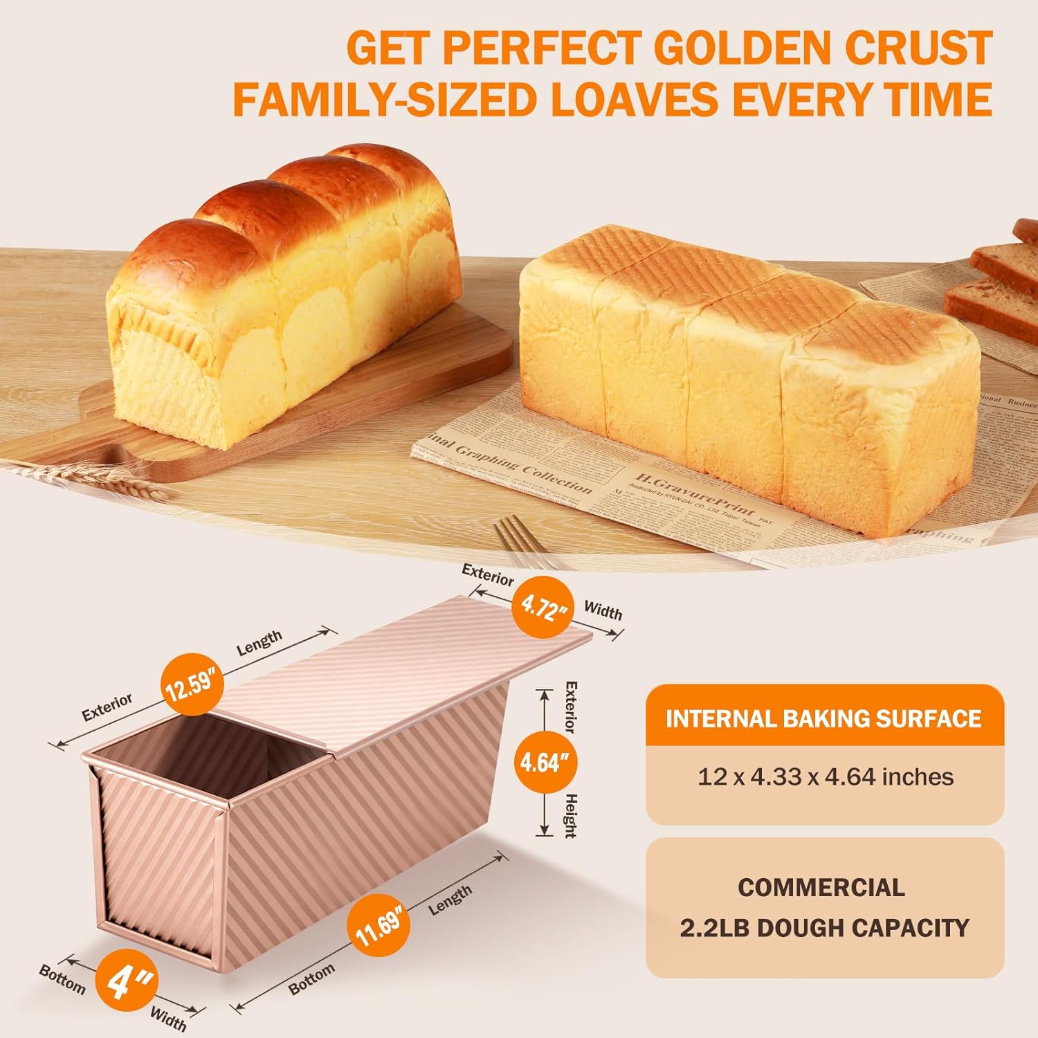 Pullman Loaf Pan with Lid, 13x4 inch, Premium 2.2LB Nonstick Sandwich Bread Loaf Pan for Homemade Sourdough Bread, Heavy Duty Carbon Steel Corrugated Toast Box with Cover for Baking, Bakeware - Image 2
