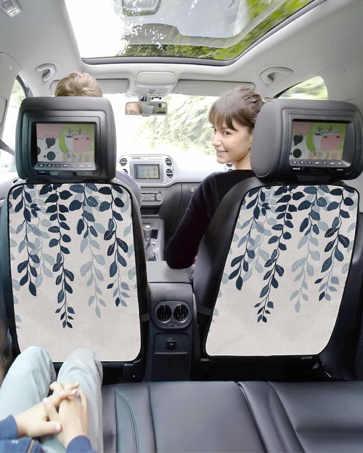 Car Seat Protector, 2 Pack Kick Mats with Organizer - 3 Pocket Storage, Plants Gradient Blue Leaves Farmhouse Style Linen Texture Back Seat Cover for Kids Universal Fit Automotive Interior Protectors