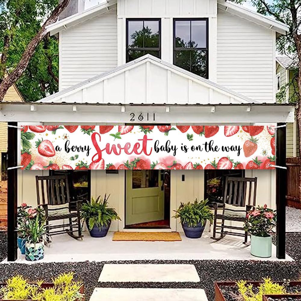 118 x 20 In Strawberry Baby Shower Pink A Berry Sweet Baby Is On The Way Banner Yard Sign Girl Welcome Party Newborn Birthday Cake Table Polyester Indoor Outdoor Decorations Supplies
