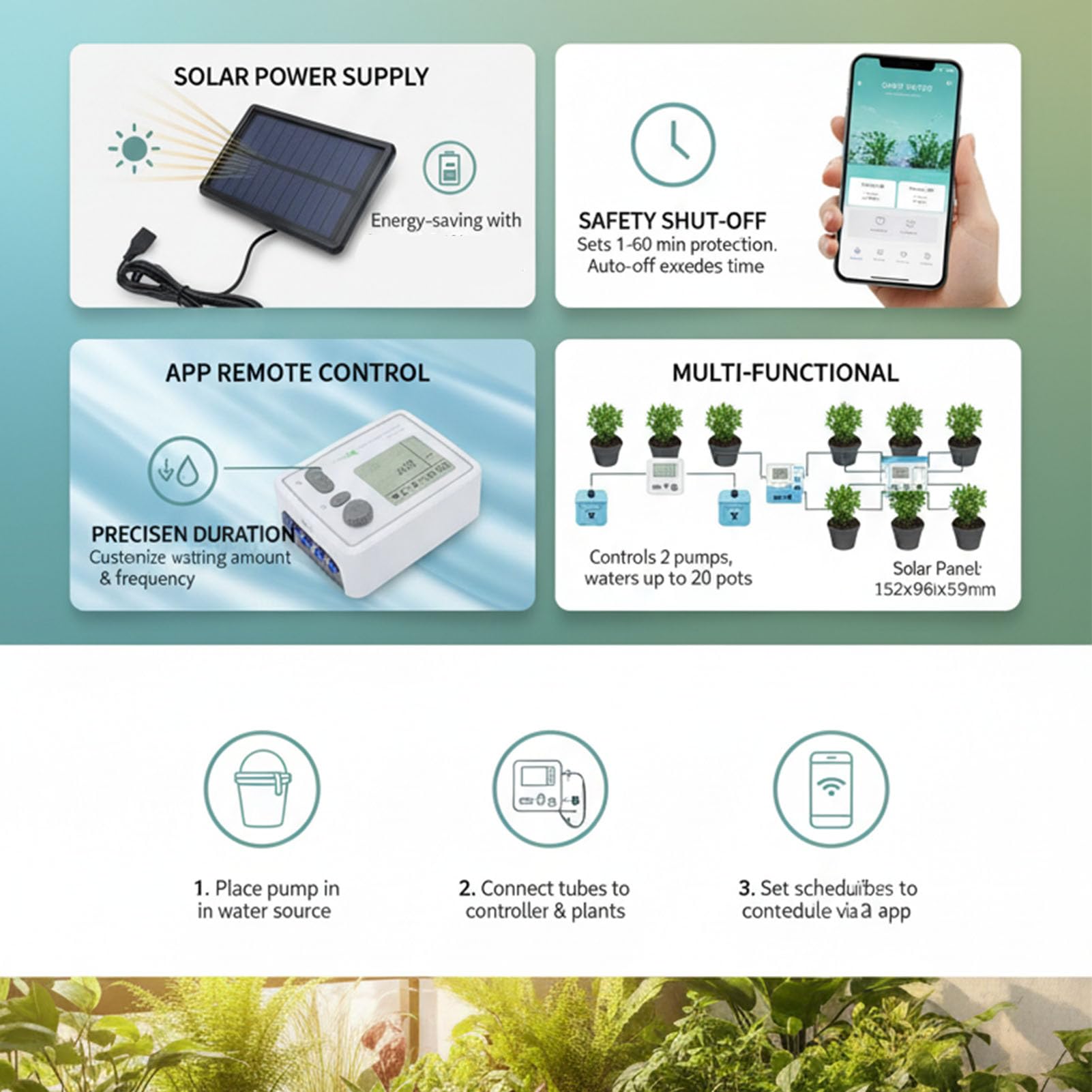Haofy Kit D'irrigation Solaire Goutte à Goutte, Système D'arrosage Automatique Intelligent avec 2 Pompes 20 Pots pour Balcon Jardin Patio