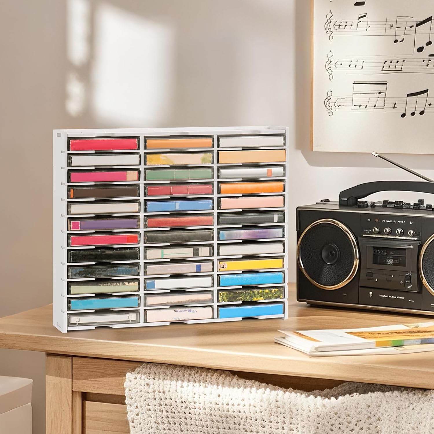 SANFURNEY 36 Slots Cassette Tape Storage Rack Desktop Audio Tape Organizer, Wall-Mounted Audio Cassette Holder -White