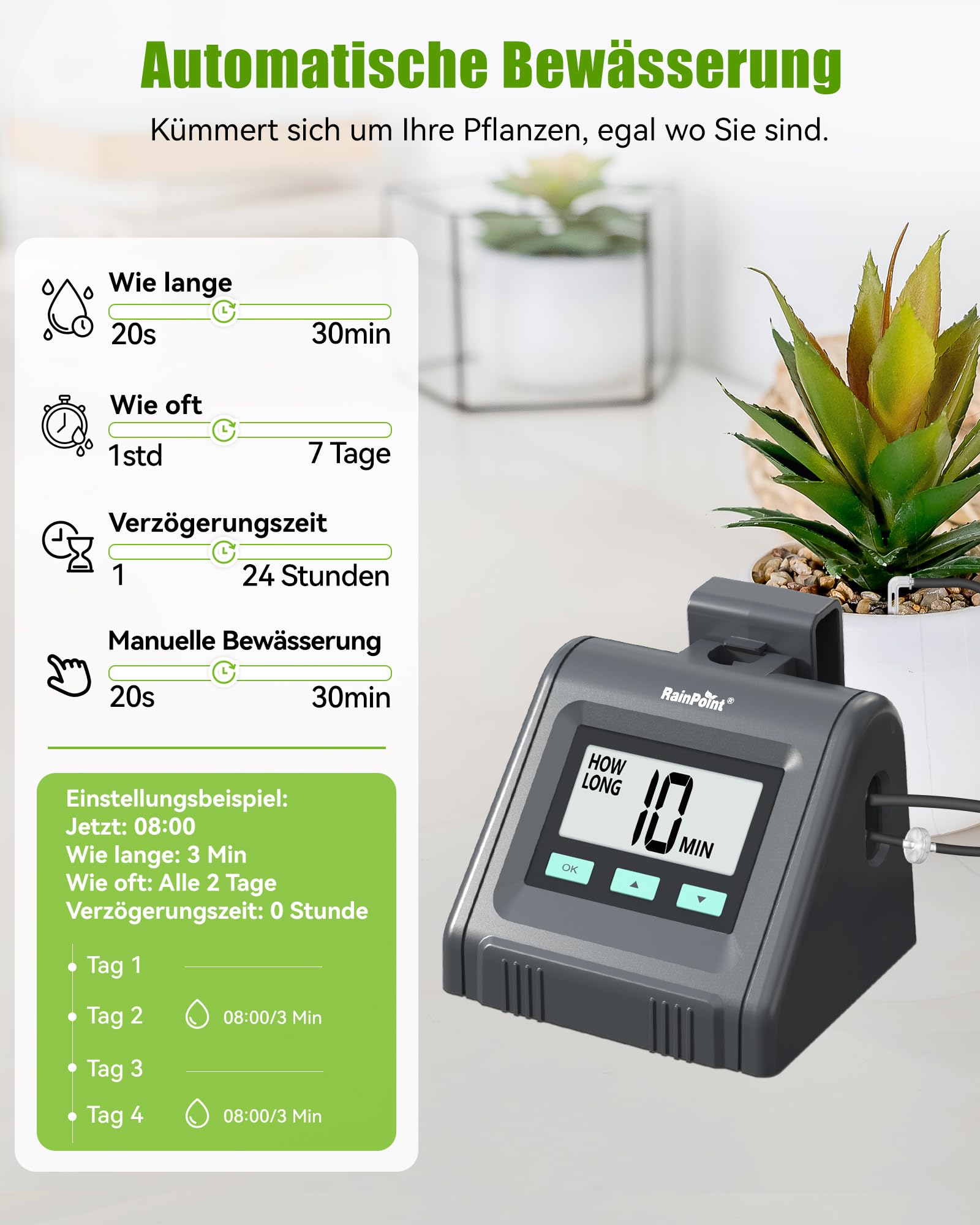 RAINPOINT Automatisches Bewässerungssystem, Einstellbare Wassermenge, Automatische Bewässerung für Zimmerpflanzen, Balkon, DIY-Tropfbewässerungsset für bis zu 10 Topfpflanzen