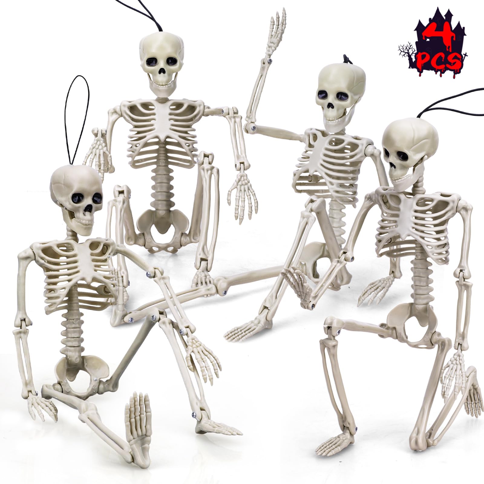 TOY Life 16" Posable Halloween Skeleton Decor - 4 Pcs Full Body Joints for Outdoor Indoor Decorations - Plastic Hanging Skeleton