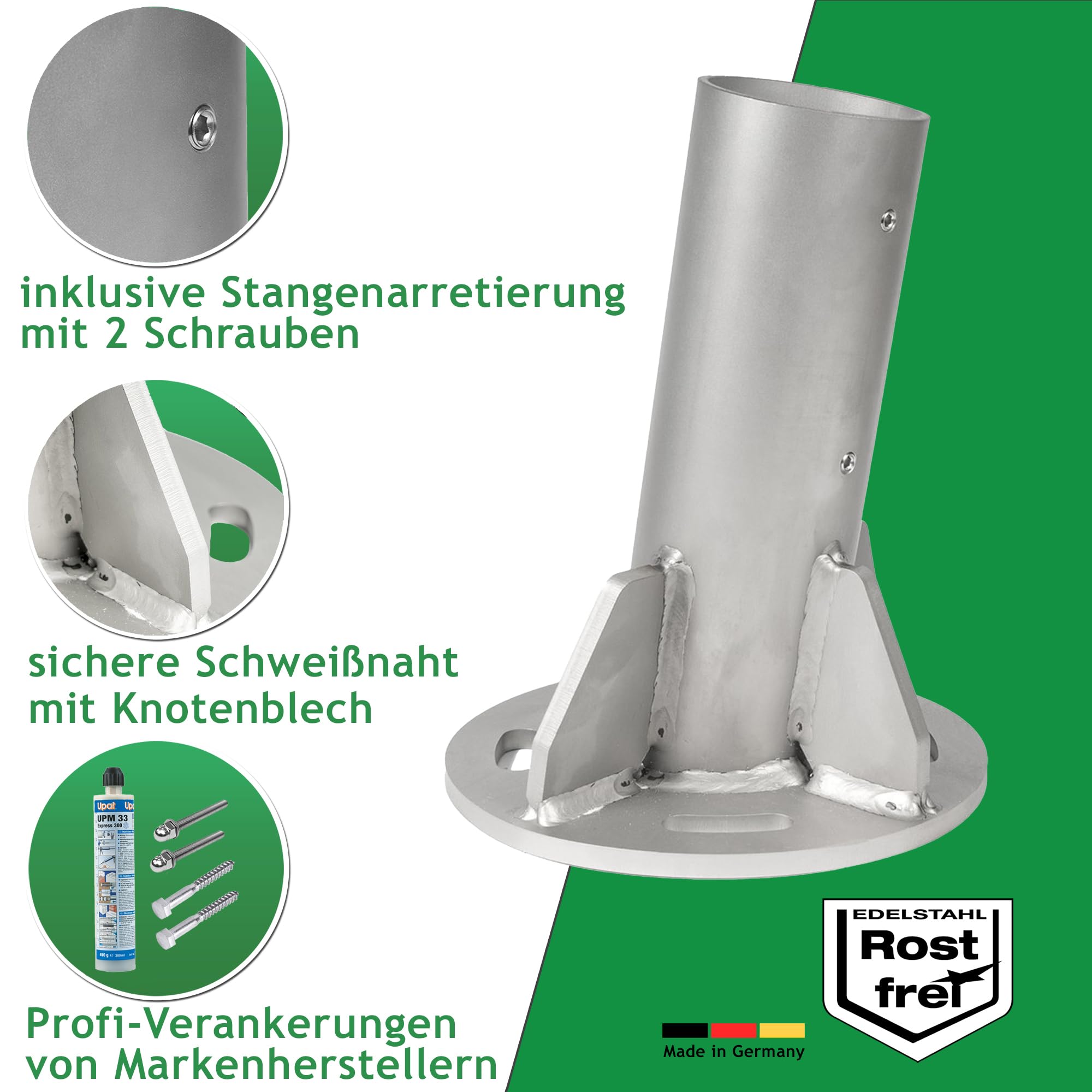 Standfuß, V2A-Edelstahl, zur Befestigung von Sonnensegelstangen mit Ø 70 mm | Rostfreier Mastfuß inkl. Befestigungsset für Beton & Estrich: Gewindestangen M12x150 mm, Verbundmörtel, Statikmischer