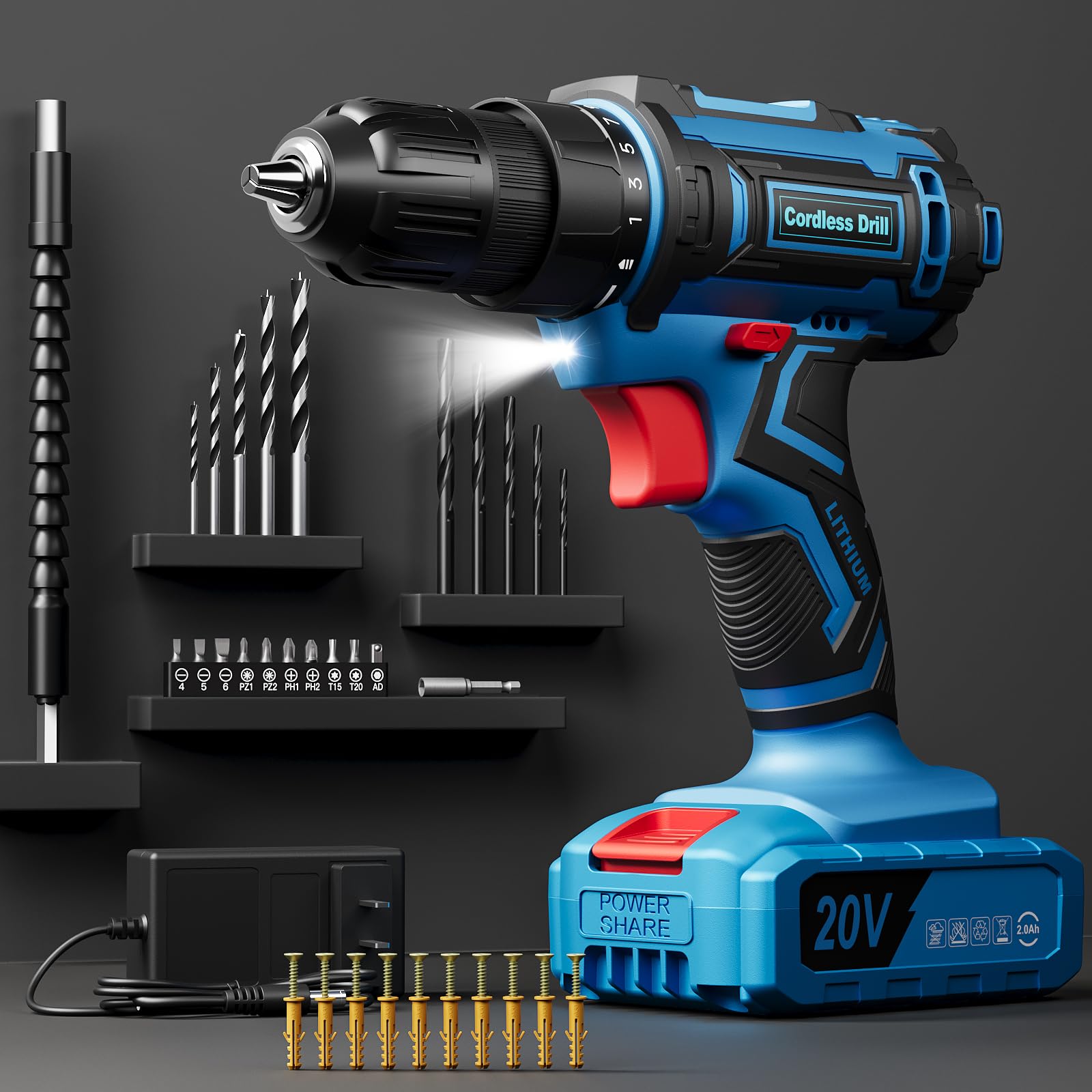 Set de perceuse sans fil, VIWKO perceuse électrique 20V avec bloc d'alimentation 2.0Ah et chargeur, mandrin sans clé de 9,5 mm, couple 25+1, 42 pièces de forets/vis pour projets DIY (Bleu)