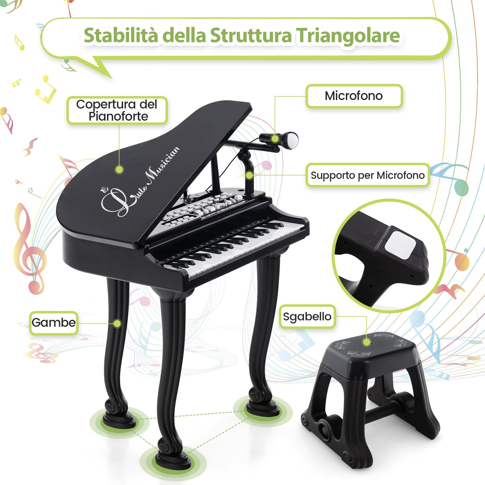 COSTWAY Pianoforte per Bambini a 37 Tasti, Set Pianoforte con Microfono Regolabile, Giocattolo Musicale Bambini, con Funzione di Registrazione e Riproduzione, per Ragazzi 3+ Anni (Nero)