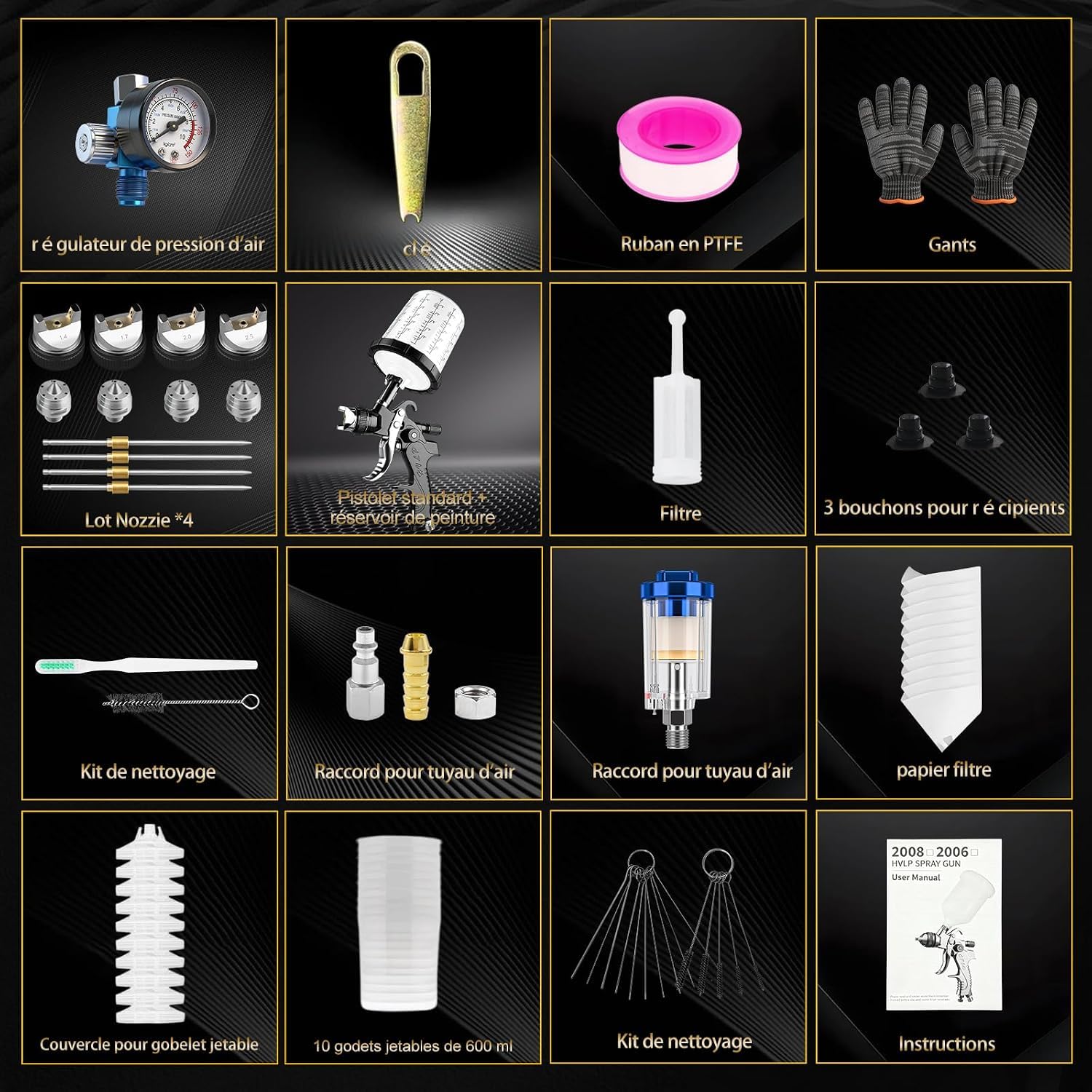 HVLP-Professionelle Druckluft-Lackierpistole, 4 Düsen (1,4/1,7/2,0/2,5 mm), Druckluft-Lackierpistole mit Schwerkraftzufuhr, 10 Einweg-Mischbecher à 650 ml (schwarz)