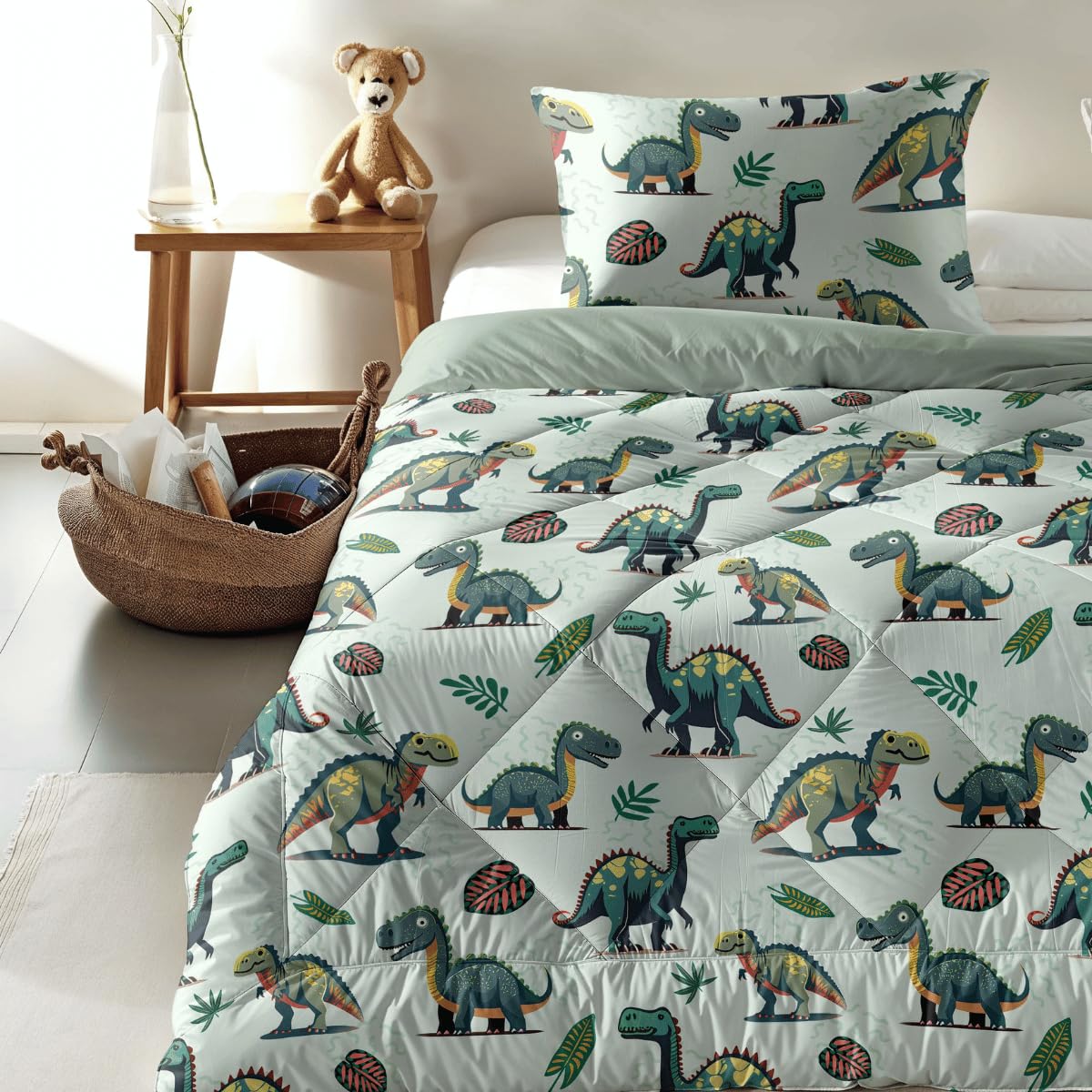 Zelesta Kiddybed kinderbettwäsche 135x200 4 Jahreszeiten - Bettwäsche winterdecke und Sommer-Bettdecke - Waschbare kinderdecke ohne Bezug - Kinderbettdecke mit Muster (Dino)