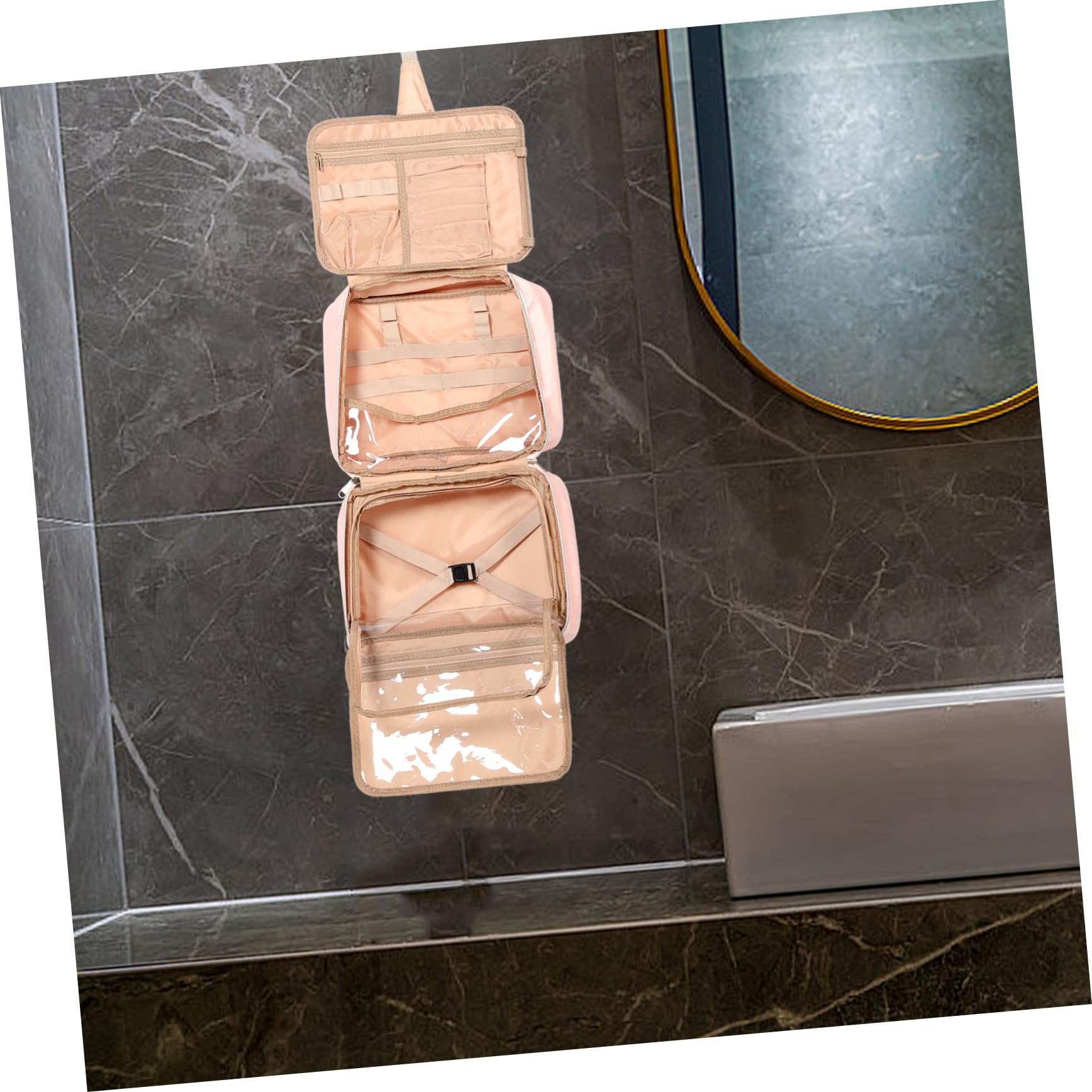 BESTYASH Trousse de Toilette de Voyage Suspendue Taille Moyenne Imperméable en Cuir PU Couleur Lotus pour Femmes Organiseur Rangement Cosmétiques Voyage Poignée Pratique