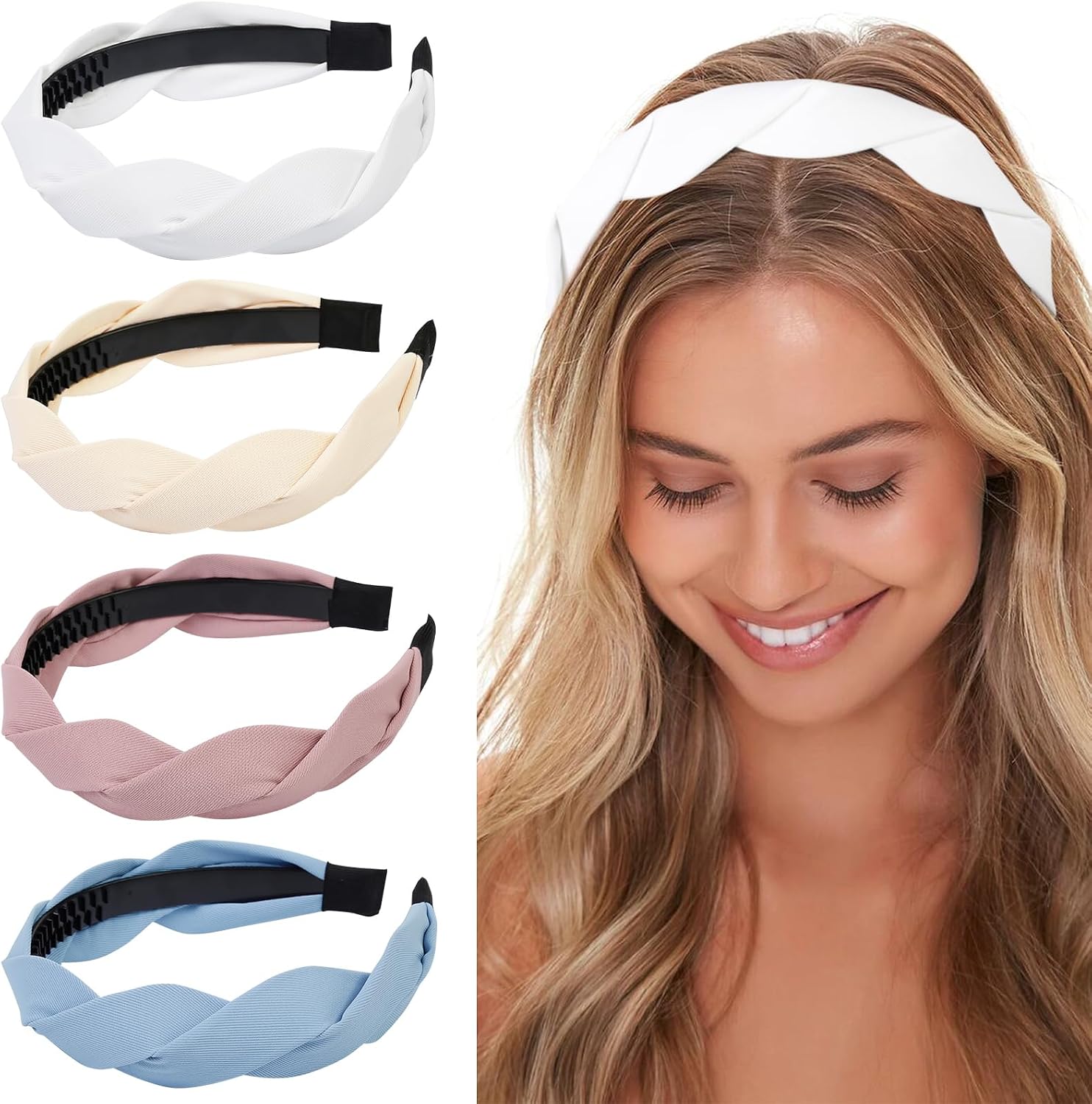 WOVOWOVO 4 adet örgülü kafa bandı kadınlar kızlar için geniş Hairband moda kaymaz Hairhoop kumaş düz renkler aksesuarları