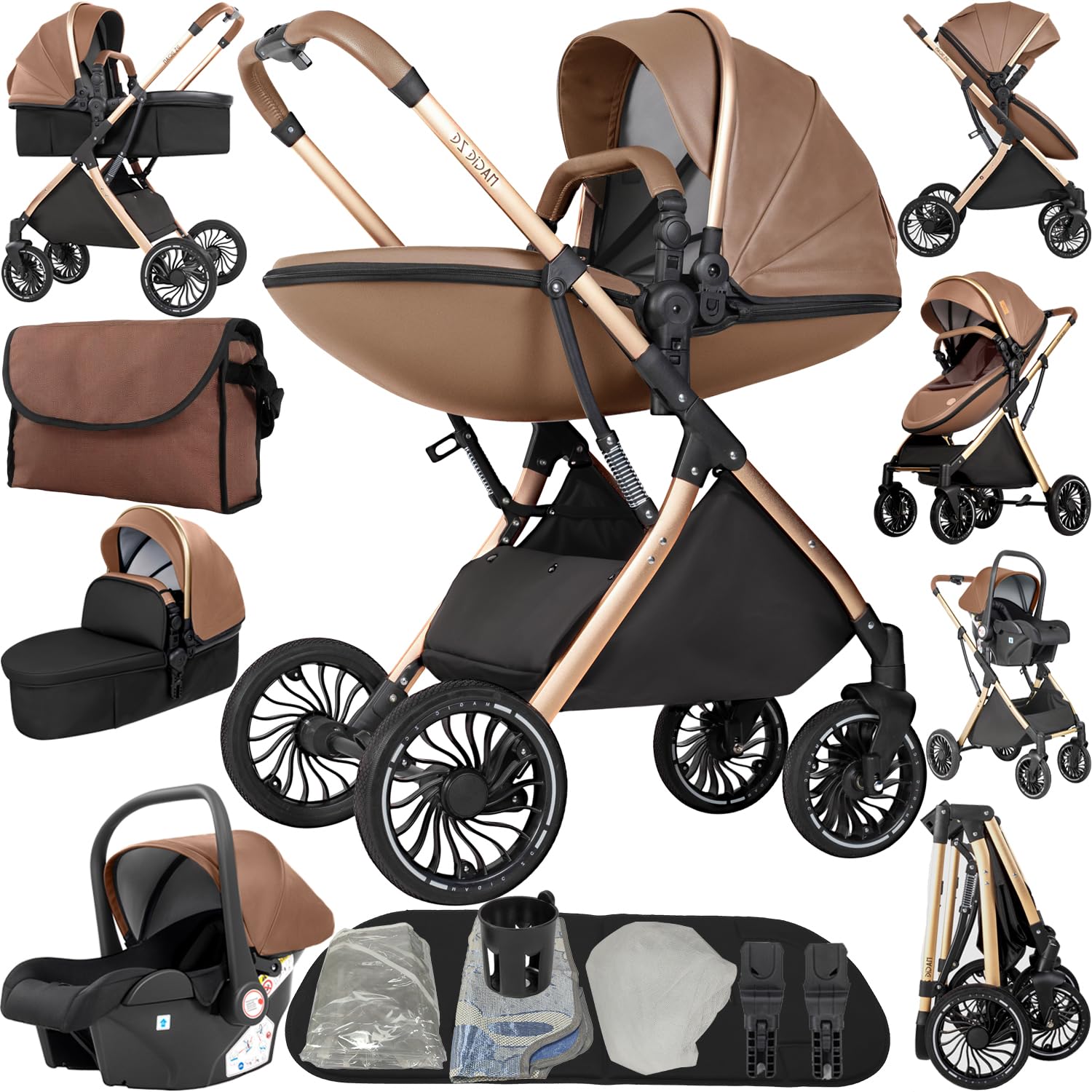 Prokoke Kinderwagen 4 in 1, Kombikinderwagen 4 in 1 mit Umkehrbarem Zwei-Wege-Schub, Kinderwagen Rahmen Aluminiumlegierung, Buggy Einem Klick Faltbar Baby Kleinkind Neugeborene (688 Khaki)
