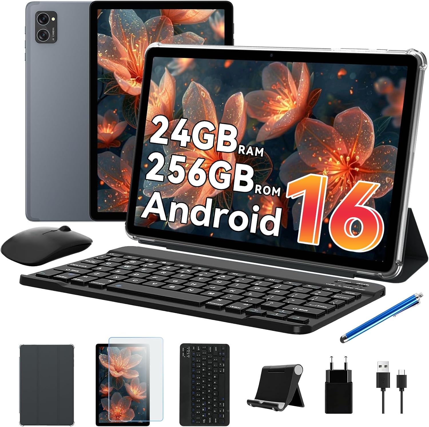 Android 16 Tablet with Keyboard and Pencil – 24 GB RAM+ 256 GB ROM(4 TB TF), Octa-Core, Gemini AI, Tablet 10 Inches, Widevine L1, 5000mAh, 8MP+5MP, Face ID, GPS