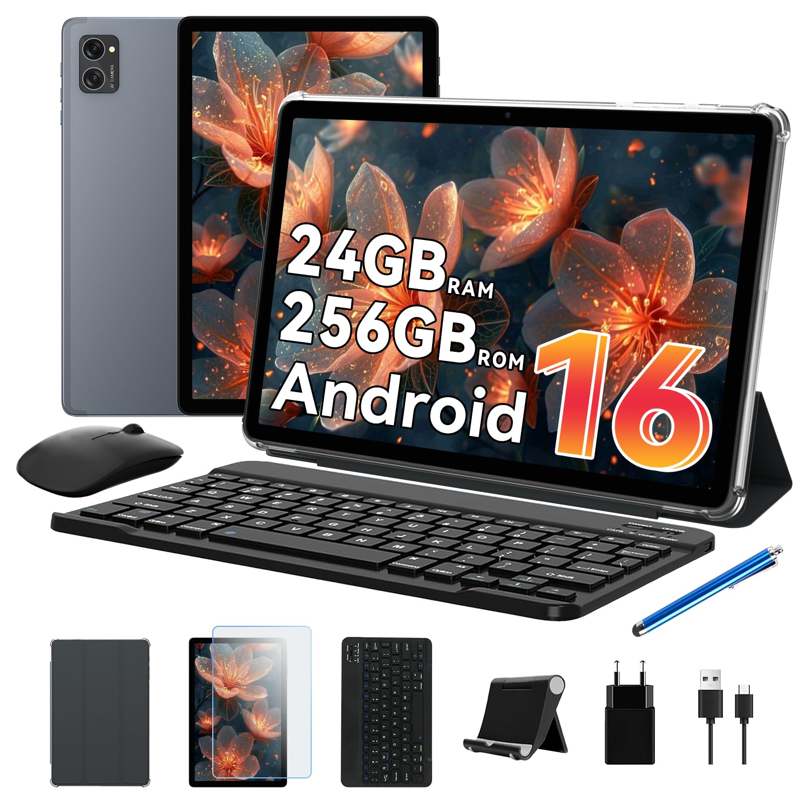 TABWEE Android 16 Tablet con Tastiera - 24 GB RAM+ 256 GB ROM(4 TB TF), Octa-Core, Gemini AI, Tablet 10 Pollici, Widevine L1, 5000 mAh, 8 MP+5 MP, Face ID, 3.5 mm Jack Port (4 Anni Garanzia)