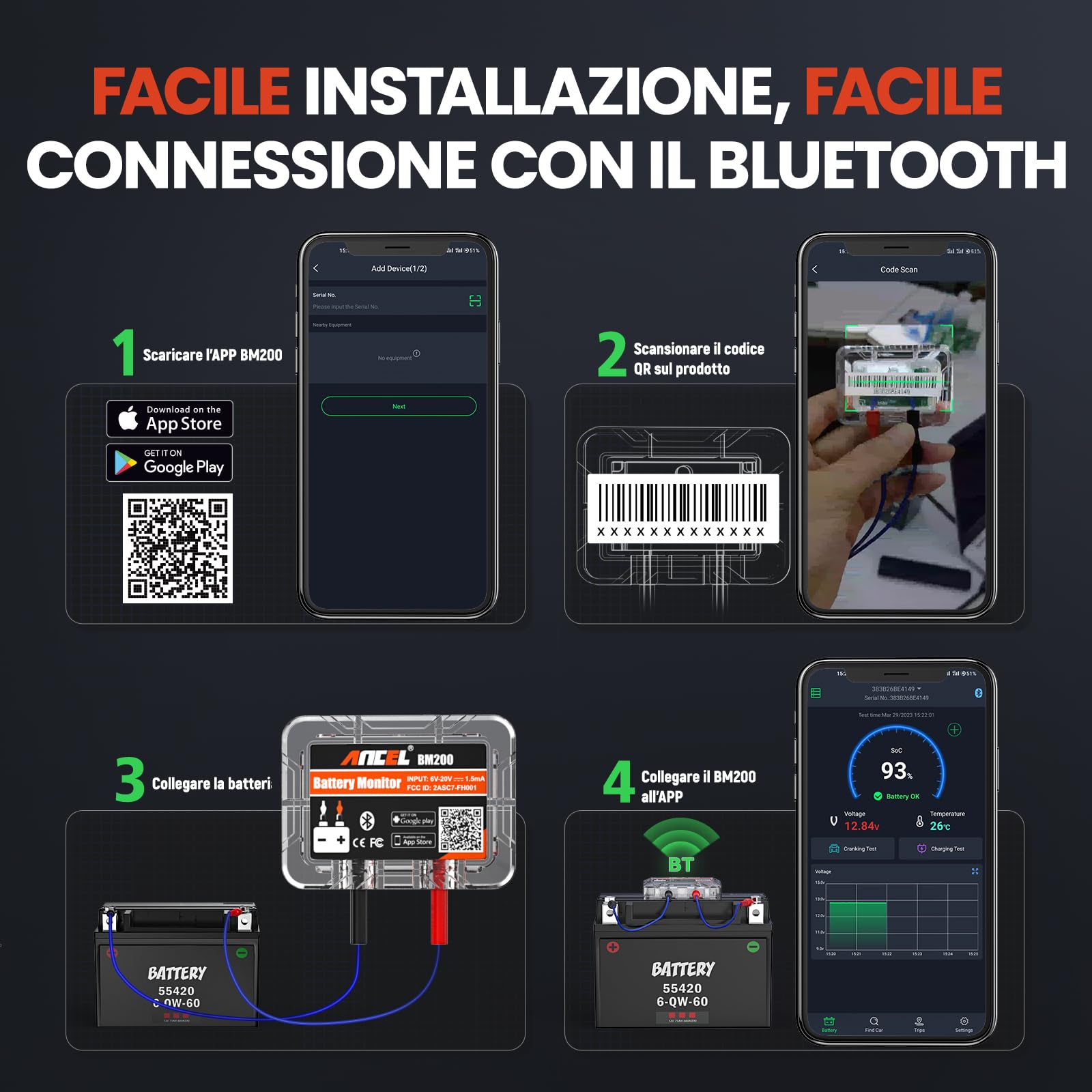 ANCEL BM200 Tester Batteria Auto 12V, Battery Monitor Bluetooth 4.2 Per batterie al litio e al piombo con allarme di prova di carica a manovella Registrazione dello storico della tensione