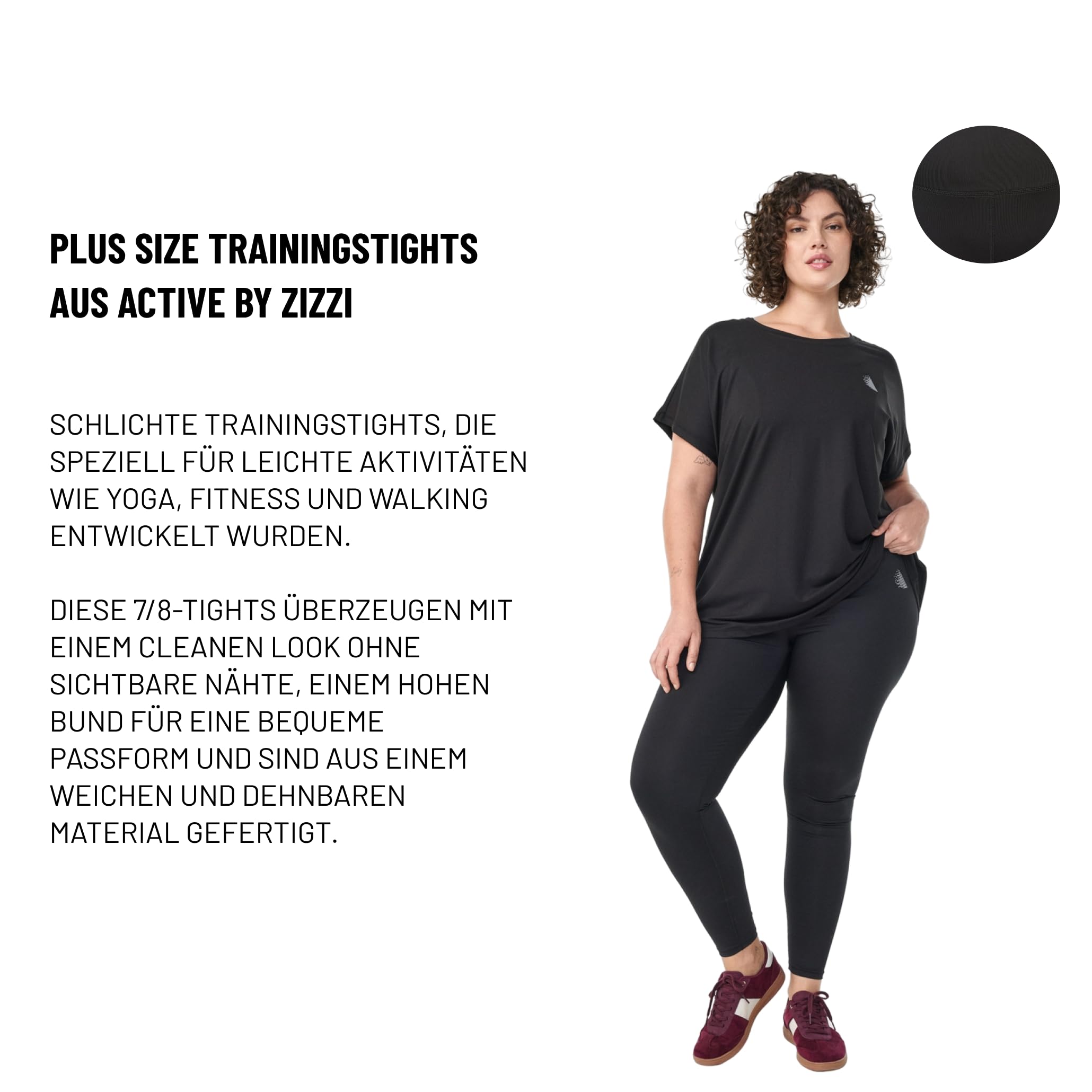 Zizzi Sport-Leggings Damen große Größen, gekürzte Trainingstights Schwarz | Sportliche Trainingsleggings in Übergröße: ideal als Sporthose und Alternative zur Jogginghose, hoher Bund, 7/8-Länge