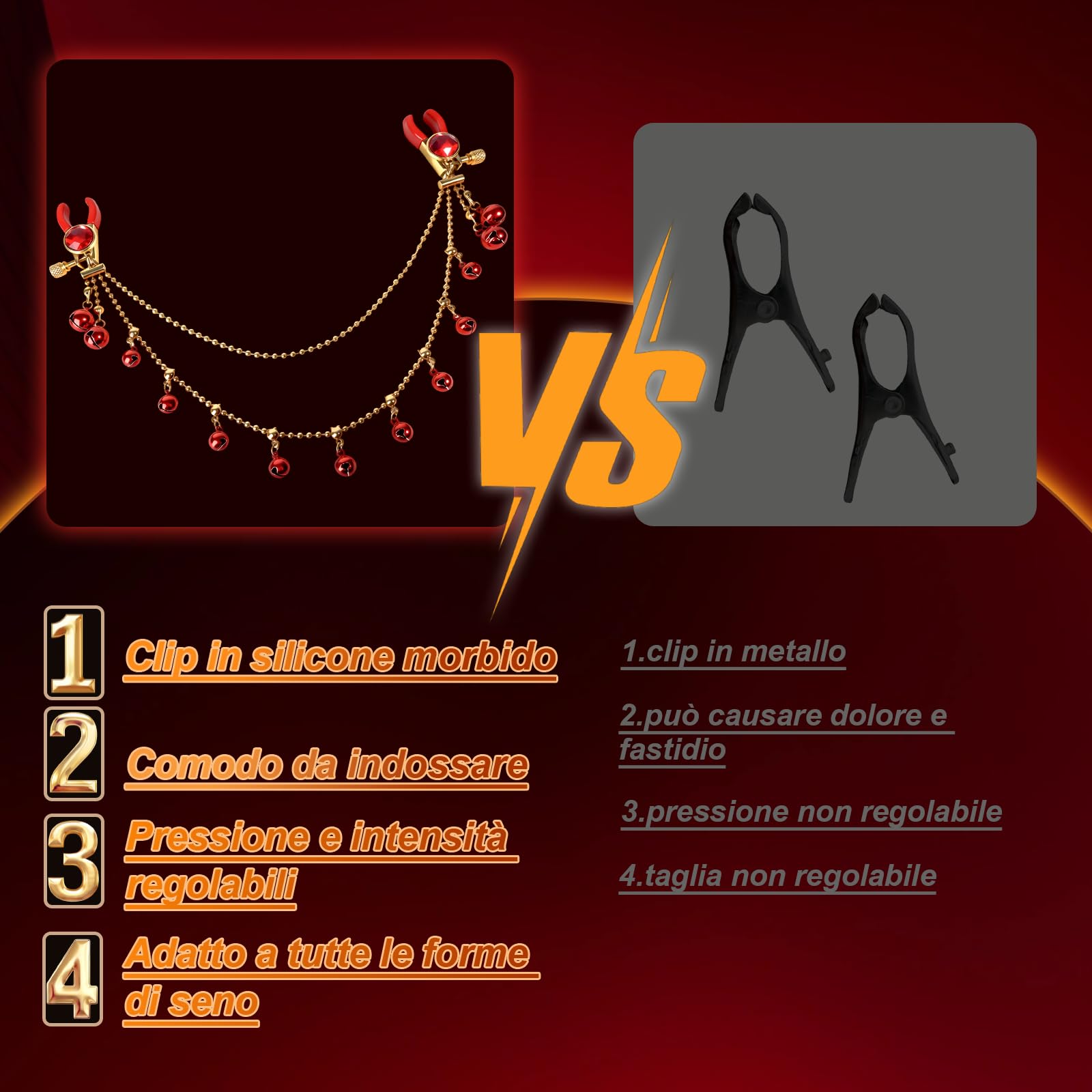 Morsetti per Capezzoli con Catena Pinze Capezzoli Regolabili Clip per Capezzolis Clip Pinza per Clitoride Giocattoli Capezzolis Stimolatori del Seno Femminile Massaggiatori al Seno Donna, Rosso
