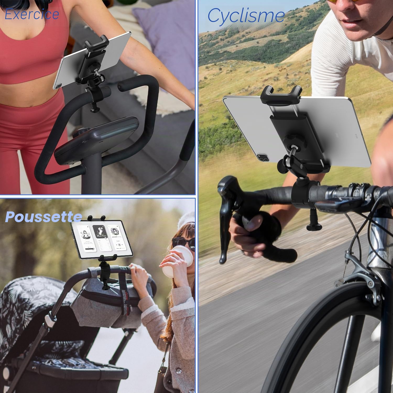 Support de tablette de vélo, support de tablette de vélo super stable avec bras en métal, support de téléphone de scooter réglable à 360 degrés pour iPad Pro Air Mini, iPhone, Galaxy