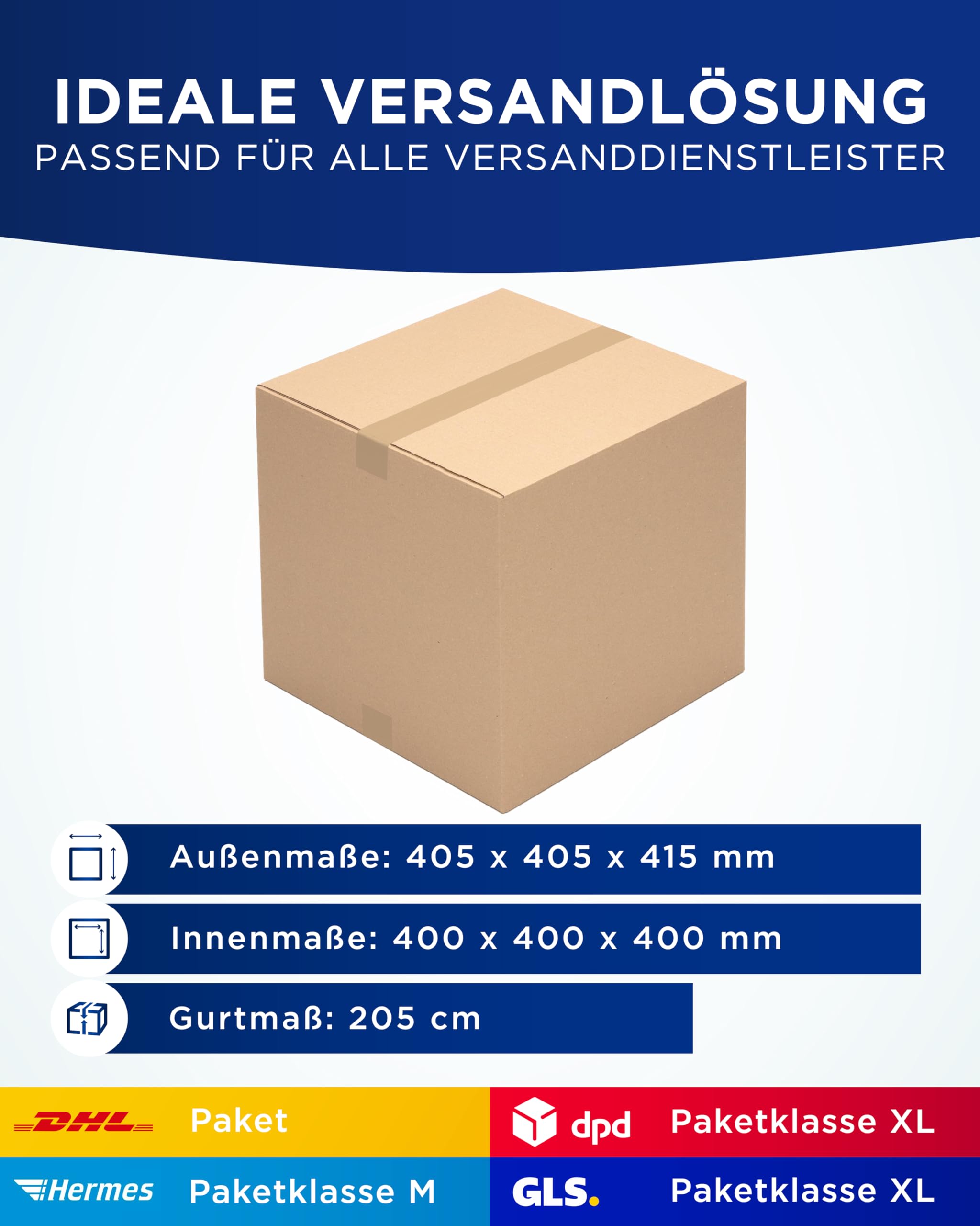 KK Verpackungen Versandkartons 400 x 400 x 400 mm Braun 1-wellig (Außenmaß 405 x 405 x 415 mm) | 20 Stück, Faltkartons Kartons für Versand als DHL Paket Hermes Paketklasse M DPD GLS Paketklasse XL