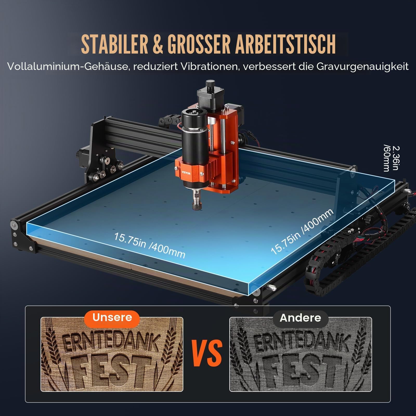 VEVOR CNC-Fräsmaschine, 300 W, Graviermaschine 3-Achsen-GRBL-Steuerung, Holzgravur-Schnitzfräsmaschinen-Kit, 400 x 400 x 60 mm Arbeitsbereich 1200 U/min für Holz, Acryl, MDF, PVC, Kunststoffschaum