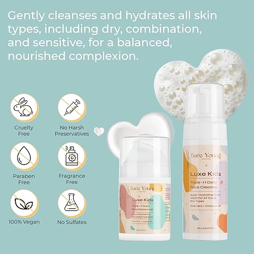 Miniatura 5 de Bare Young Triple H - Juego de cuidado de la piel para niños, lavado facial suave e hidratante, juego de regalo para el cuidado de la piel para