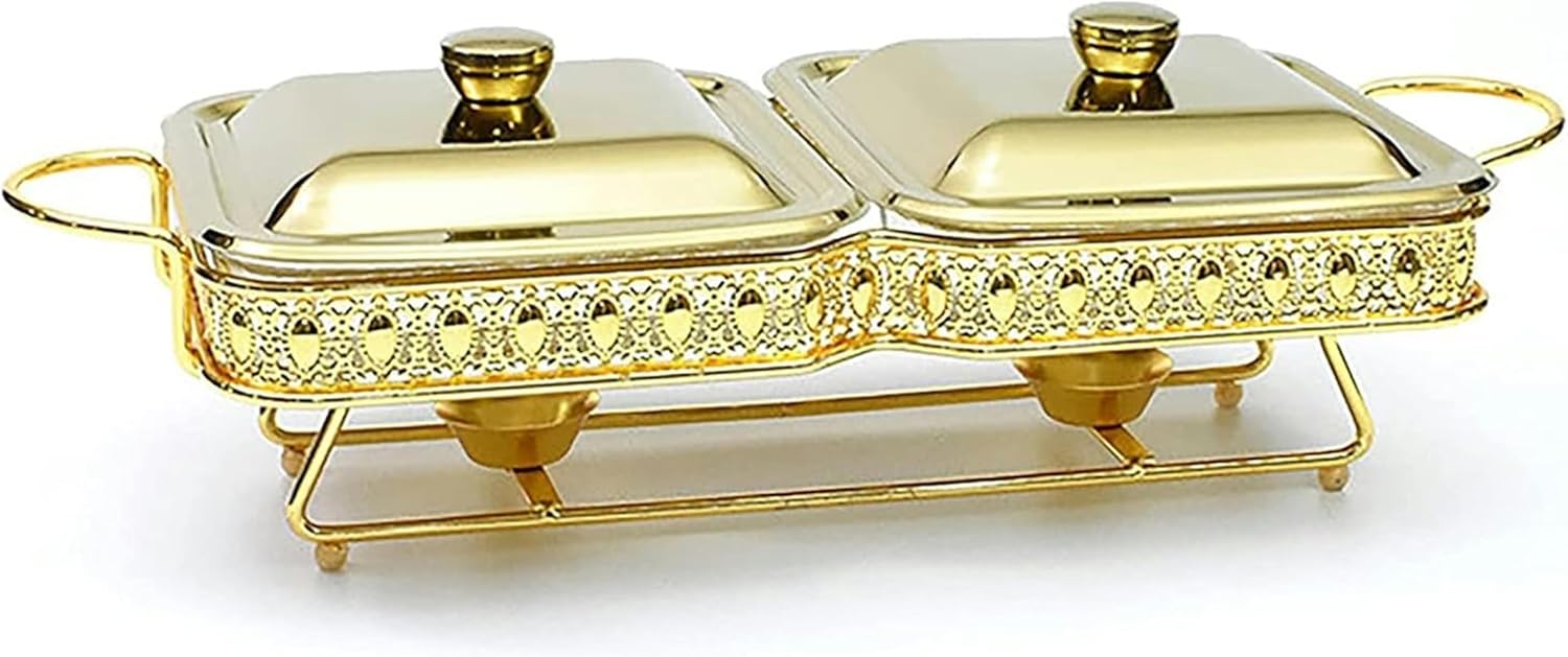 Food Warmer for Parties Buffets, Food Warming Tray 3.6 Qt Stainless Steel Chafing Dish Square Buffet Catering Warmer SetFood Pan, Lid, Solid Stand and Fuel Ho,Gold