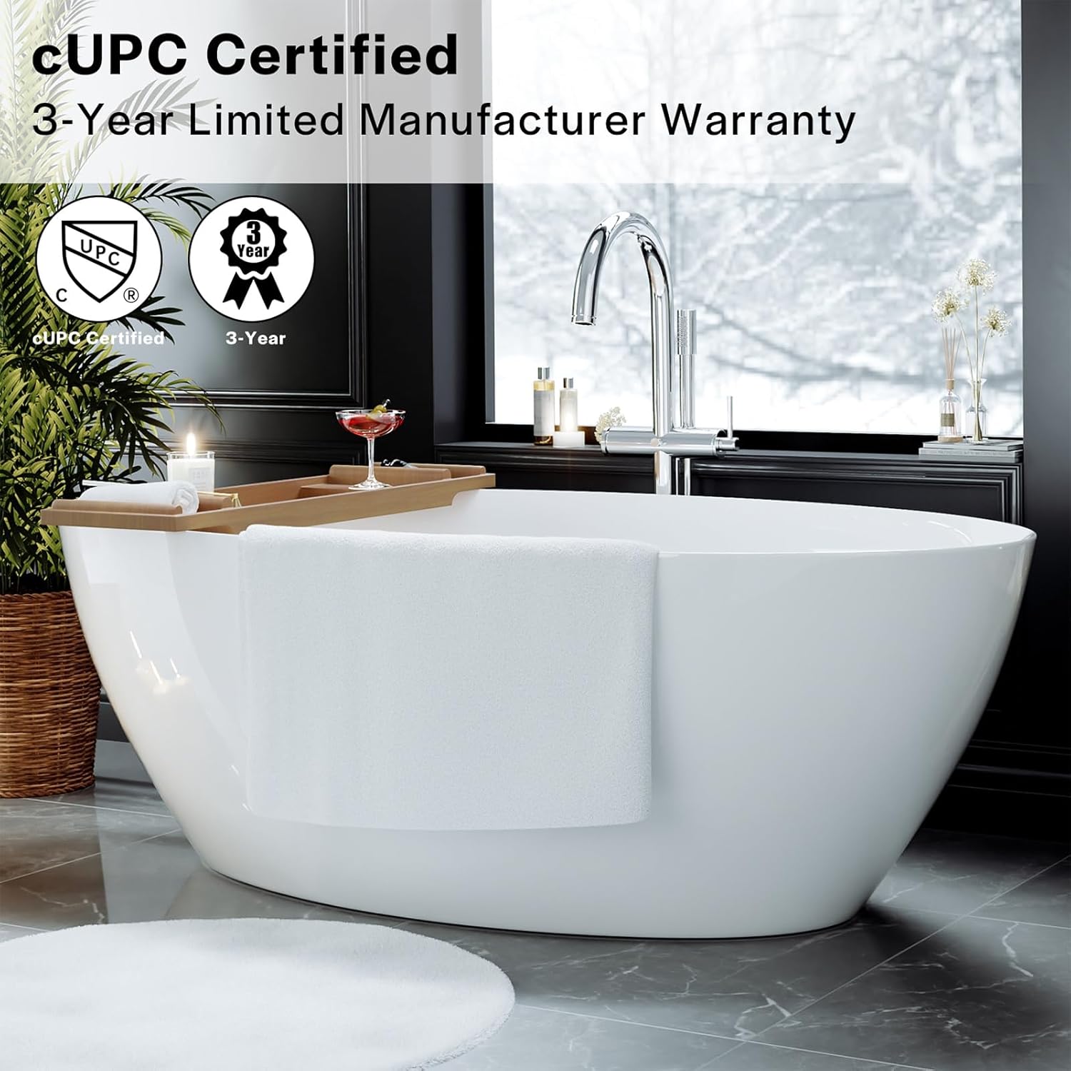 Empava Freestanding Bathtub, 71" Soaking Tub with Center Drain & Overflow – Acrylic Tub, Non-Slip Flat Bottom, Glossy White, cUPC Certified - Image 6