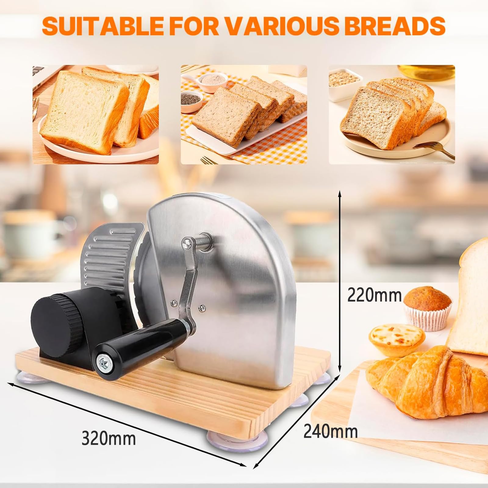 Trancheuse à pain pour levain fait maison, épaisseur réglable avec ligne d'échelle et ventouse, lames en acier inoxydable, idéal pour la cuisine et les supermarchés