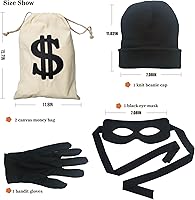 Vista 2 de Juego de disfraz de ladrón, incluye máscara de ladrón, bolsa de dinero, guantes de sombrero de punto para jugar a policías y ladrones, disfraz