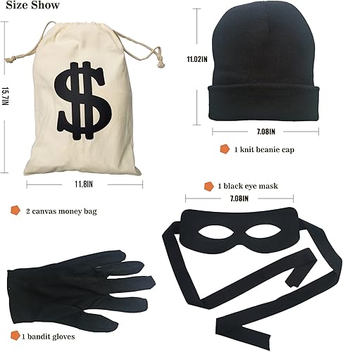 Miniatura 2 de Juego de disfraz de ladrón, incluye máscara de ladrón, bolsa de dinero, guantes de sombrero de punto para jugar a policías y ladrones, disfraz de