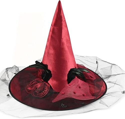 Skeleteen Sombrero de bruja puntiagudo de lujo, accesorios de brujas rojas glamorosas, sombrero de satén con lazo, arañas y plumas negras