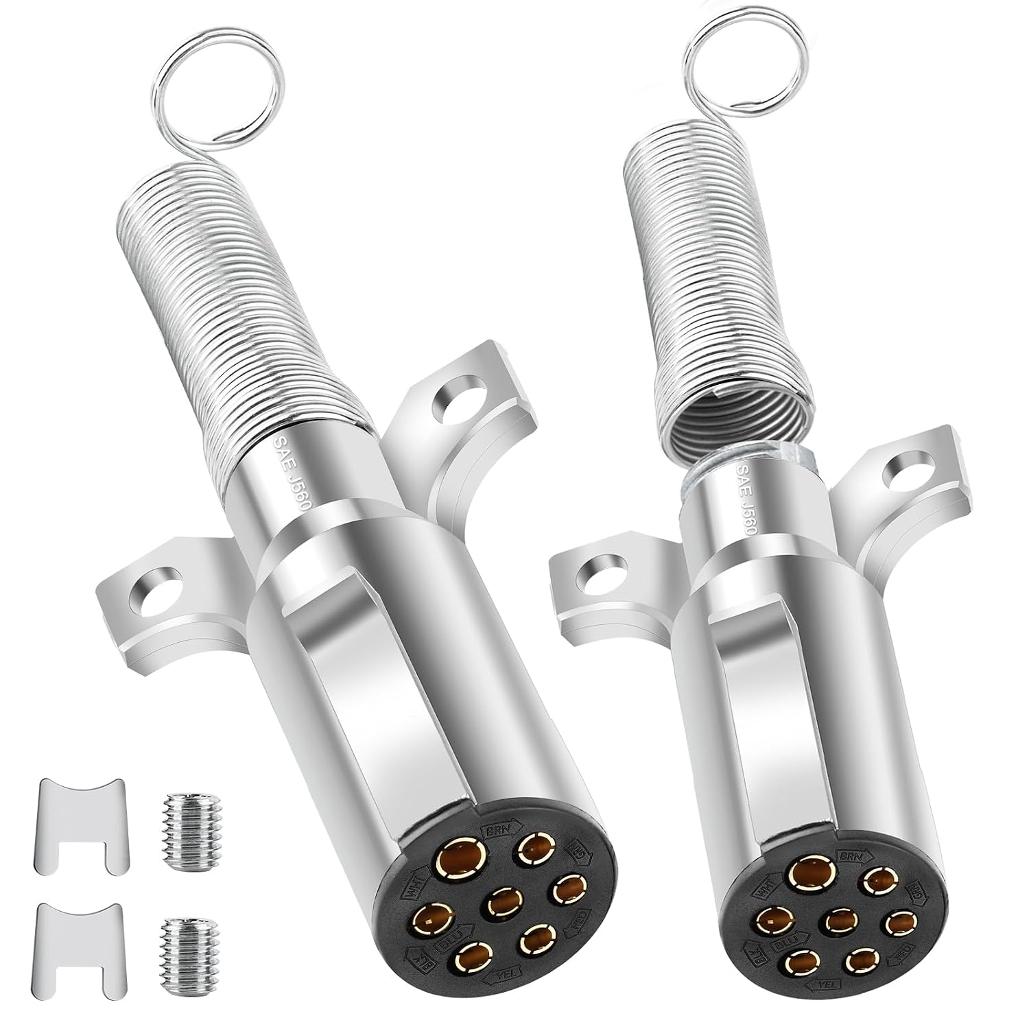 2 Pack 7 Way Round Trailer Connector for Trailers, Semi Truck Tractors,7-Pin Trailer Plug with Spring-Guard by Heavy Duty Die-Cast Plug Assembly, 7 Way Replacement Adapter Plug