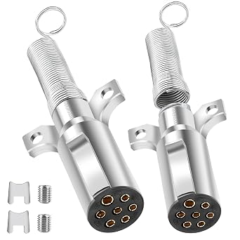 2 Pack 7 Way Round Trailer Connector for Trailers, Semi Truck Tractors,7-Pin Trailer Plug with Spring-Guard by Heavy Duty Die-Cast Plug Assembly, 7 Way Replacement Adapter Plug