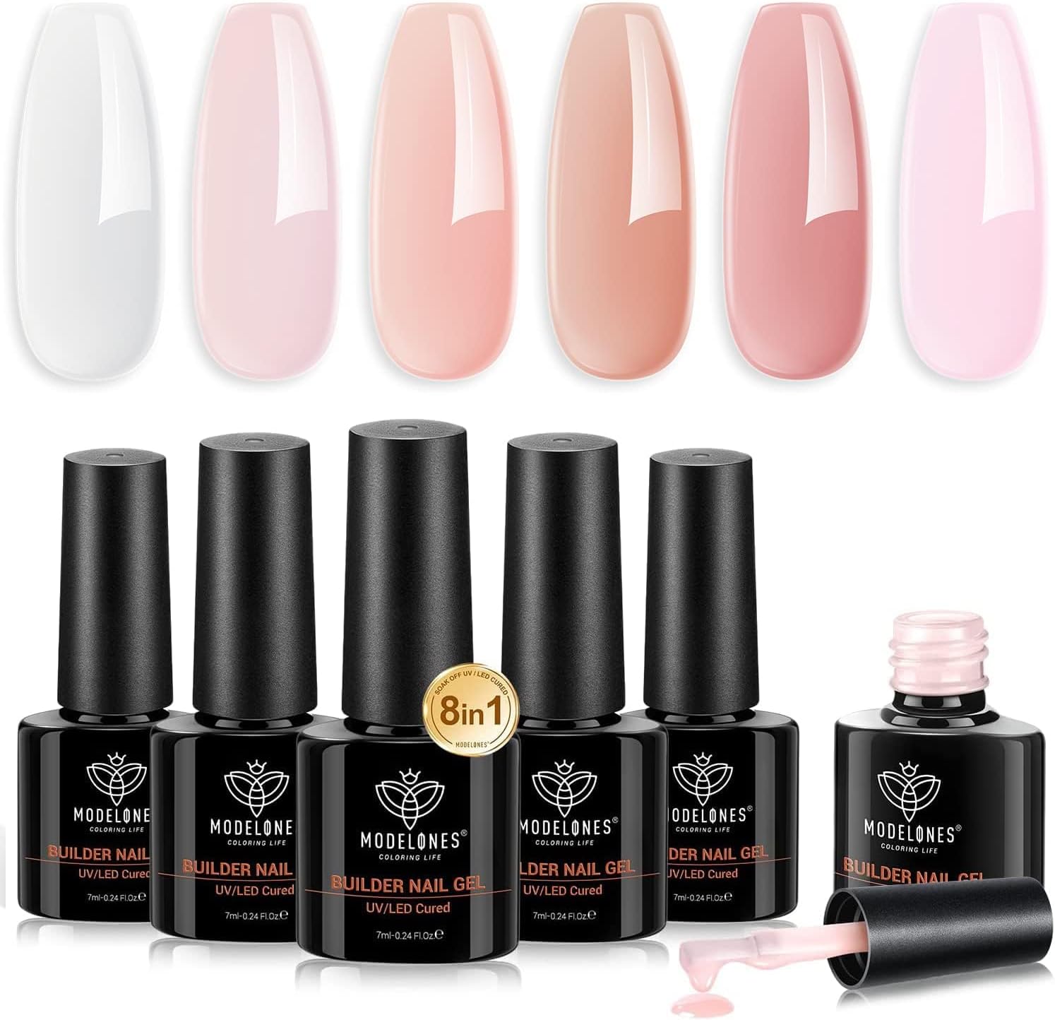 Modelones Builder Gel 6 Colours, 8-in-1 Gel Pose Americaine, Hard Gel Builder Gummy Base Nail Strengthener, Extension Base Gel Rubber Base Pose Americaine, Gel Construction, Gel X Nail Art