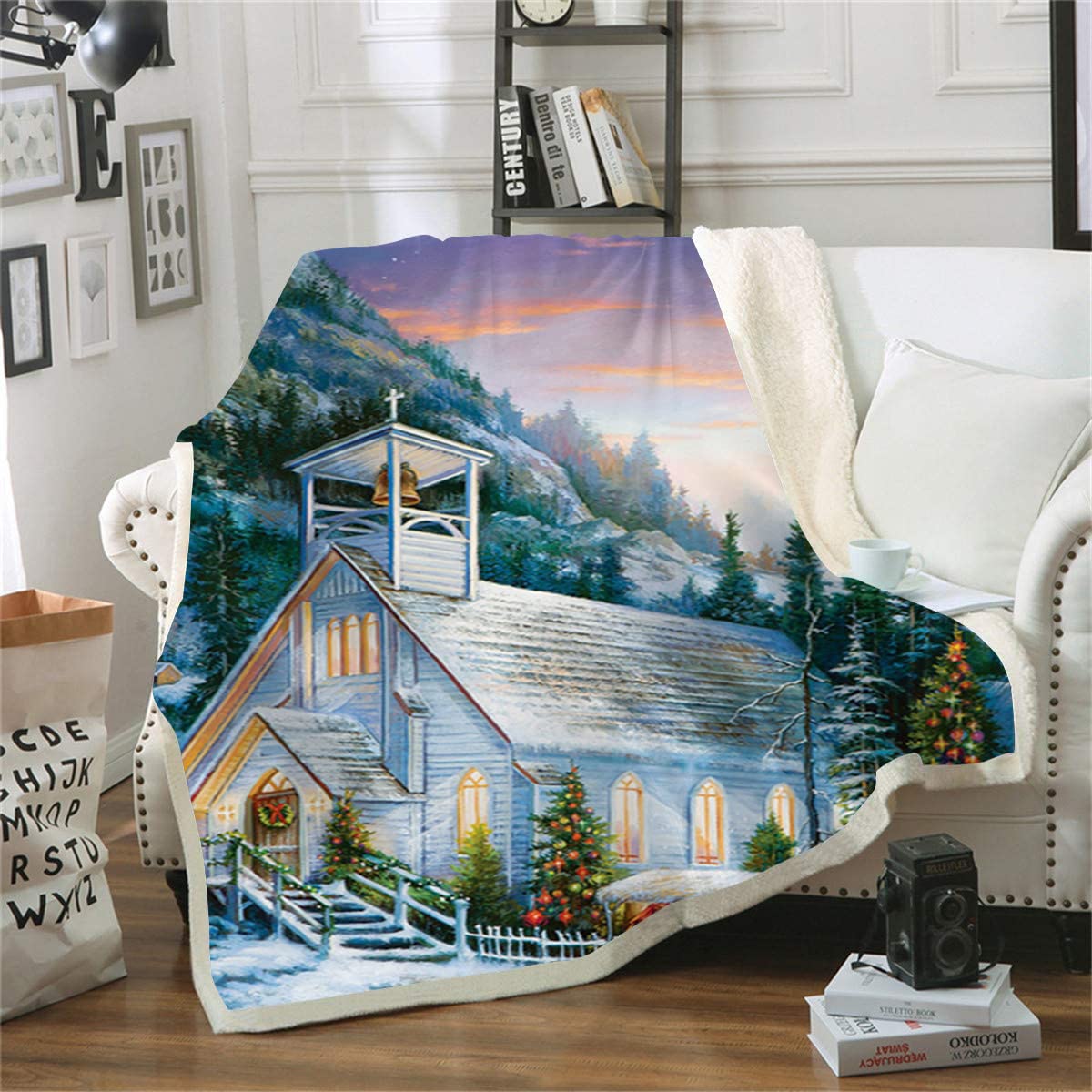 Couverture polaire imprimée Deer Church pour canapé en 130x150cm pour adulte et enfant