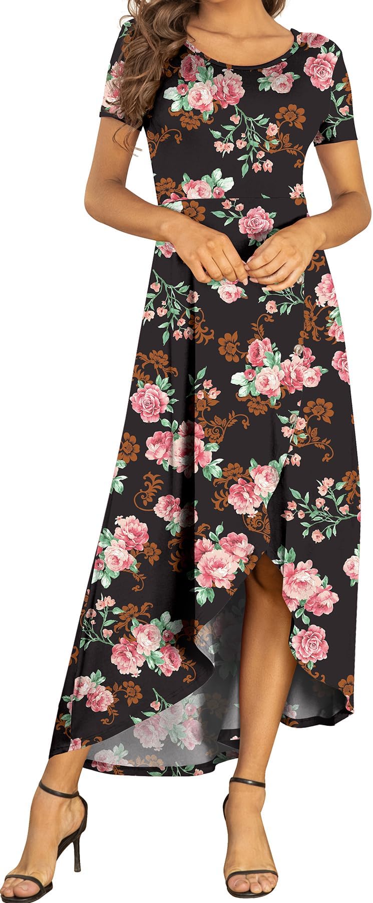 AYIFUWomens Summer Dresses High Low Slit Hem Casual Short Sleeve Maxi Dress with Buttons