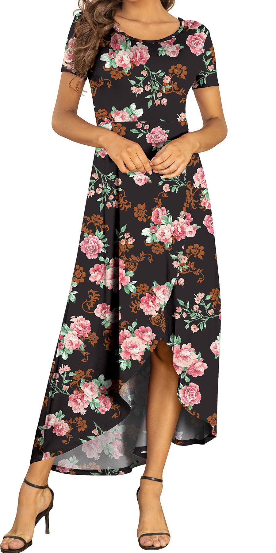 AYIFUWomens Summer Dresses High Low Slit Hem Casual Short Sleeve Maxi Dress with Buttons