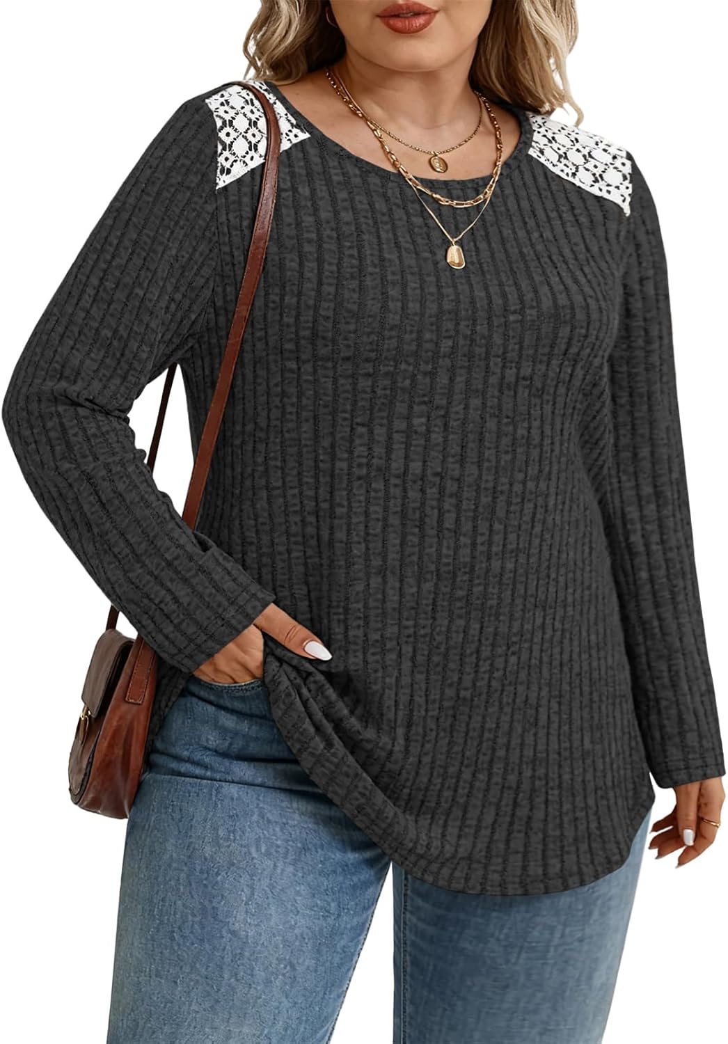 ROSRISS Plus-Size Sweaters for Women Casual Lace Ribbed Knit Pullover Tops Trendy Soft Long Sleeve Crew Neck Shirts XL-5XL