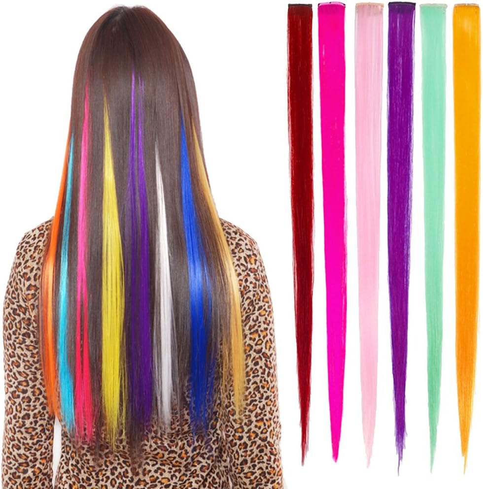 Grifri Multicolour Hair Extensions Party Highlights Colourful Clip in Synthetic One Piece Hairpiece Pack of 6