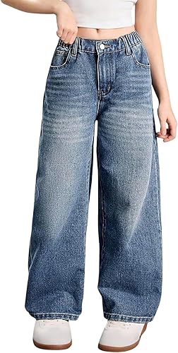 Verdusa Girl's Vintage Wide Leg Baggy Jeans Loose Denim Pants with Pockets Blue 