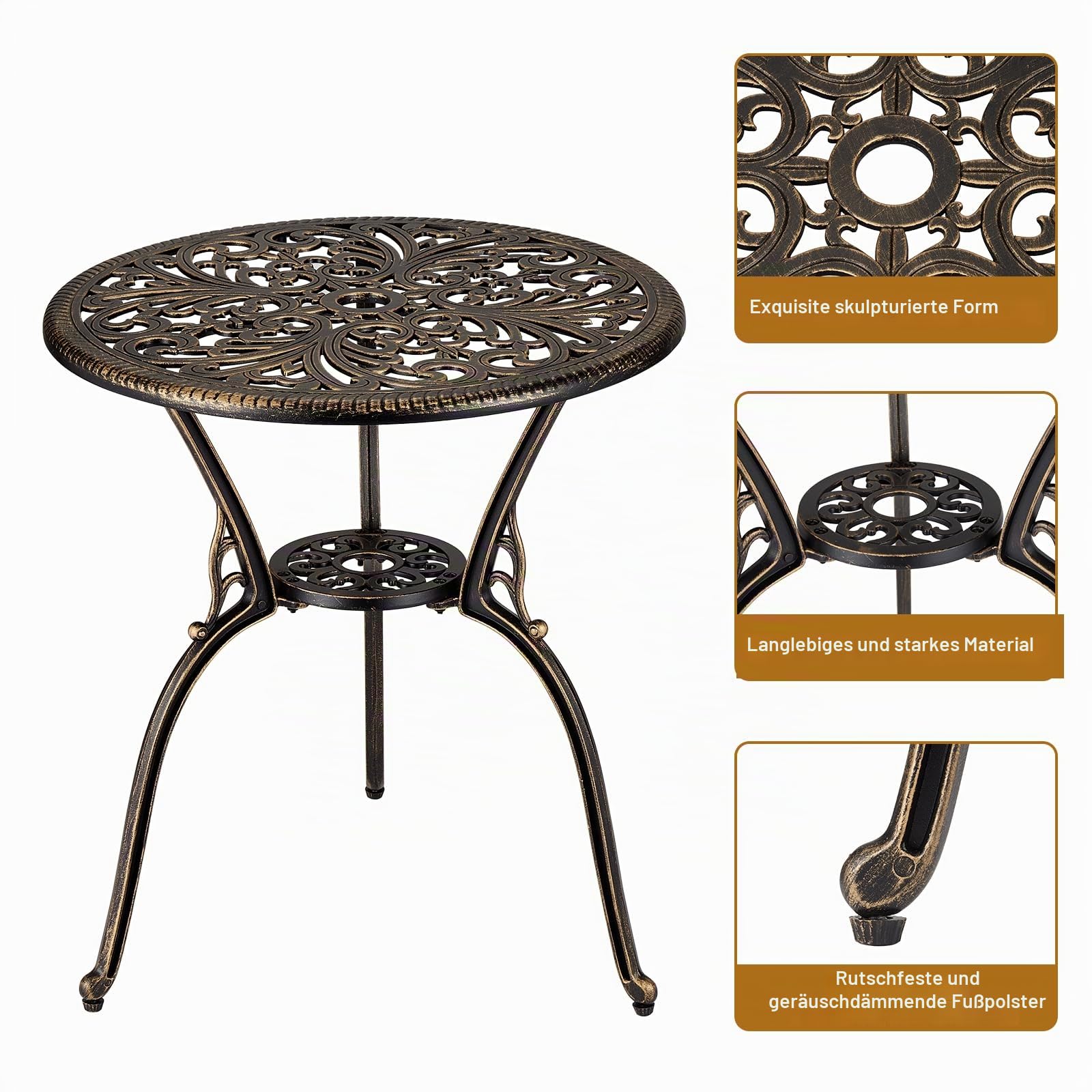 3-teiliges Bistro-Set aus Aluminium-Druckguss – Tisch mit Sonnenschirm-Portal – 2 Stühle wetterfest – ideal für Garten, Terrasse, Balkon, Pool – Farbe Bronze