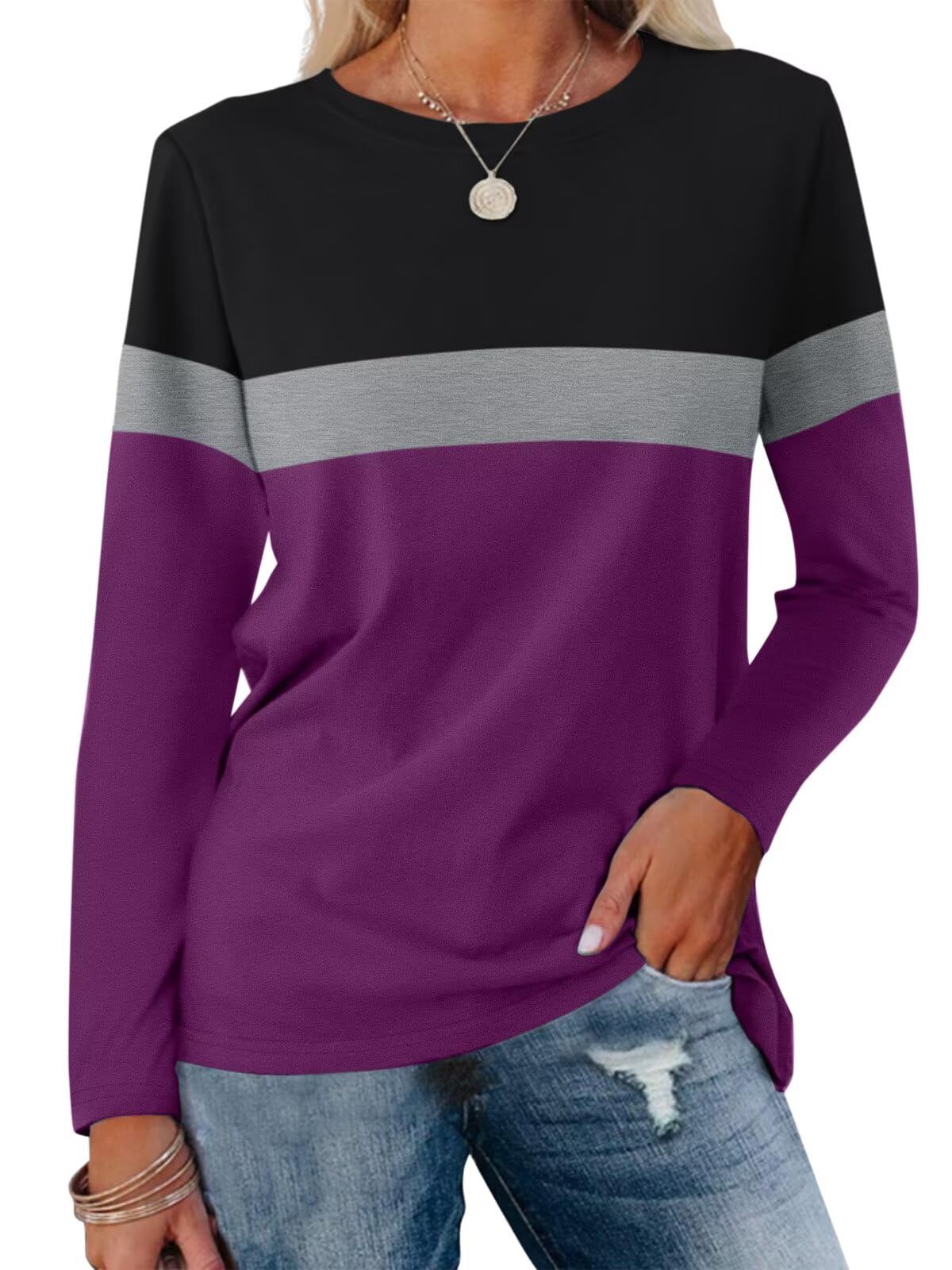 ORANDESIGNE Women's Color Block Long Sleeve Tunics Tops Global Recycled Standard Casual Loose Blouses