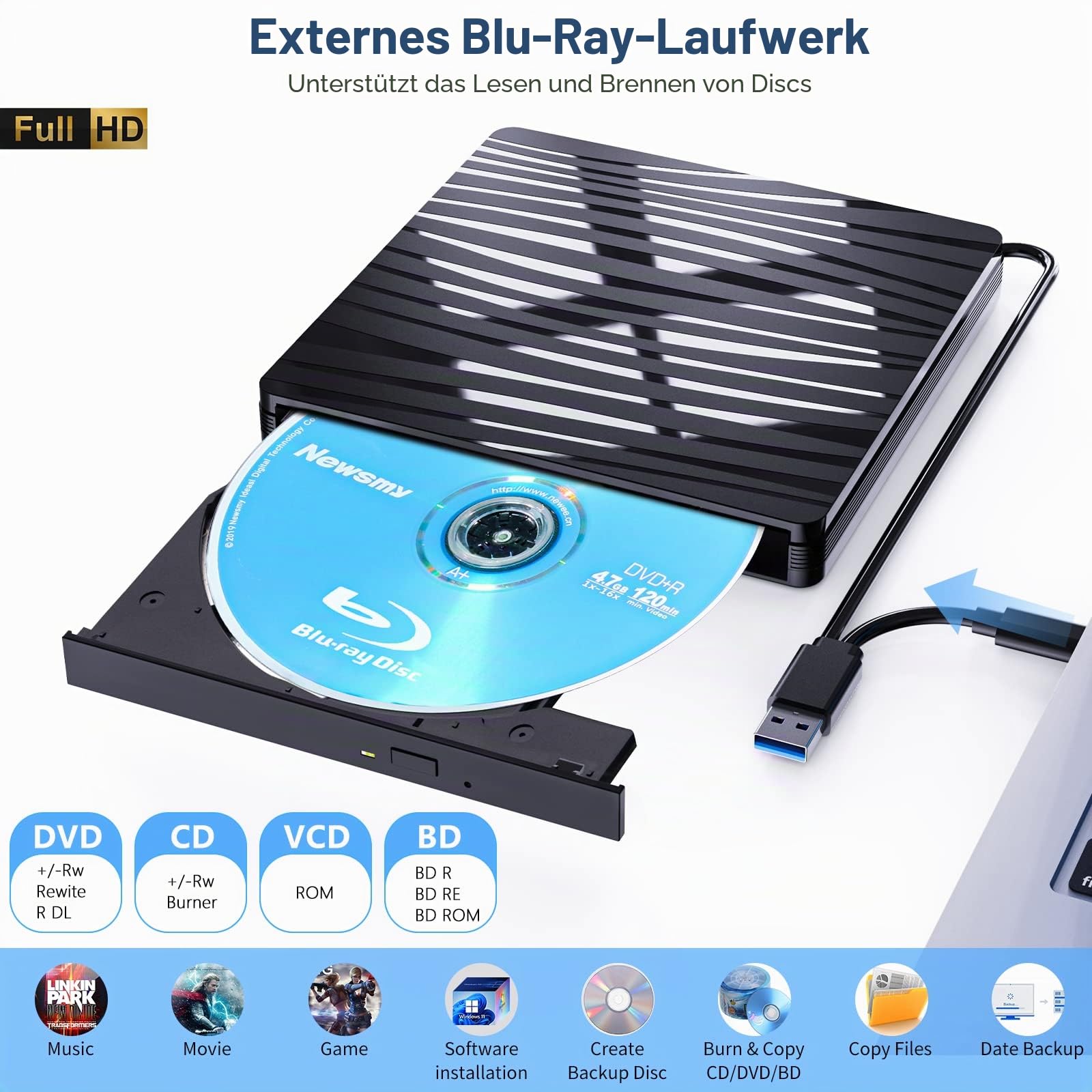 Externes Blu Ray Laufwerk 50G, Type-C & USB 3.0 HD 1080P Bluray Laufwerk Extern Blu ray Laufwerk Extern BD CD DVD ROM RW Blu-ray Laufwerk für Laptop PC Mac Windows 11/10/8/7/XP/Linux/MacOS Blu ray